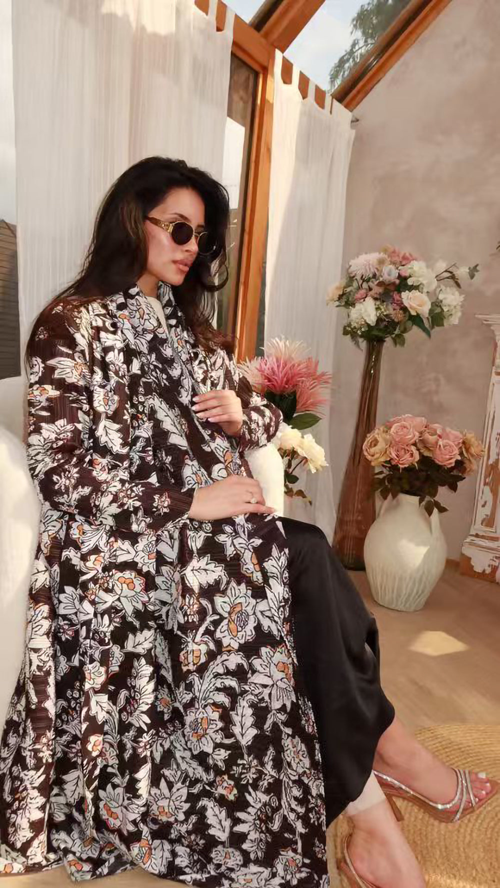 HS6701 Spring Blooms Burgundy Printed Pleated Abaya Cardigan