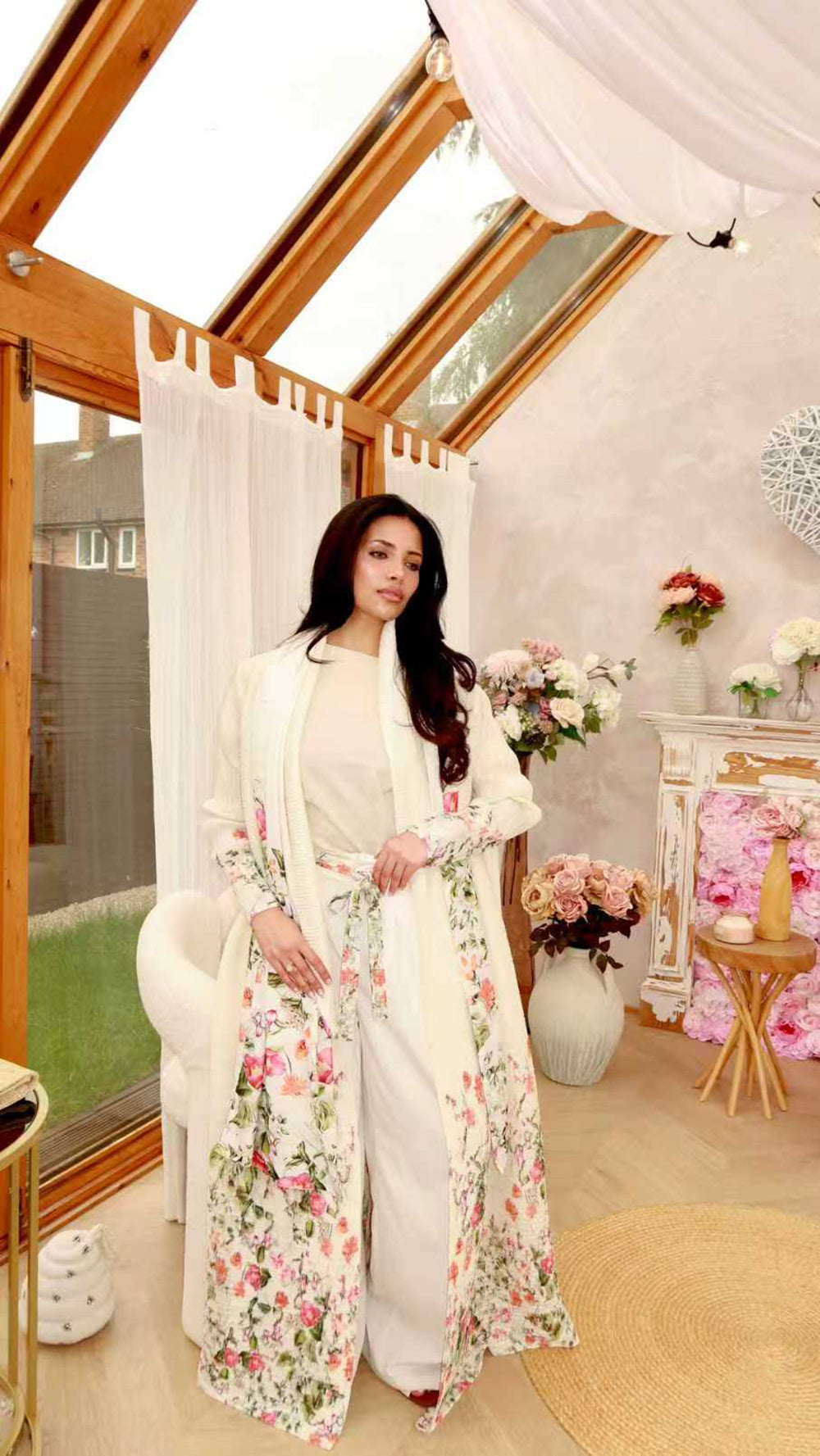 HS6701 Spring Blooms Burgundy Printed Pleated Abaya Cardigan