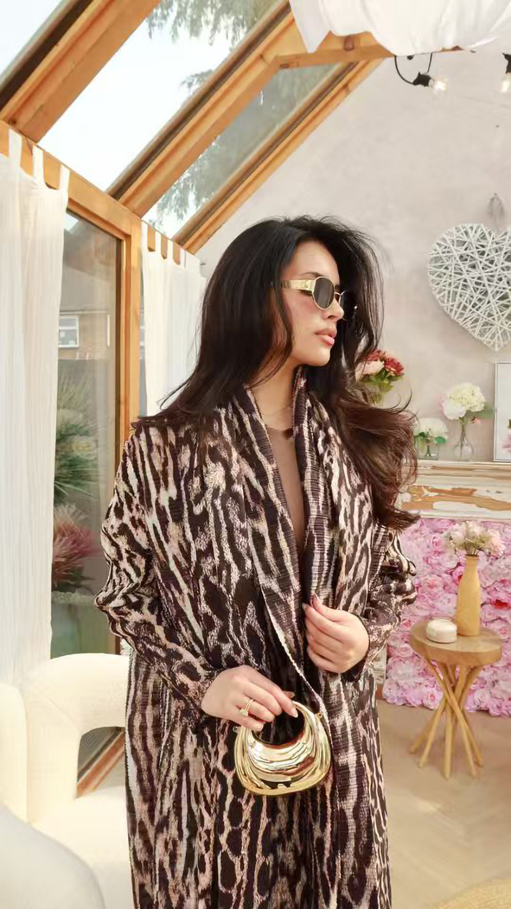 HS6701 Spring Blooms Burgundy Printed Pleated Abaya Cardigan