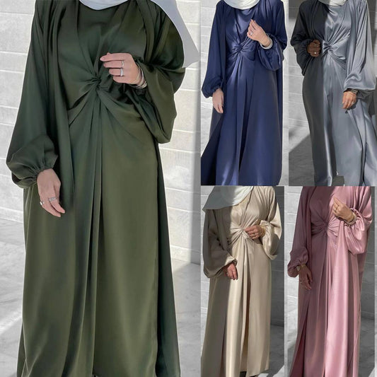 HAYA10061 Fashion solid colour two-piece dress cardigan set Abaya