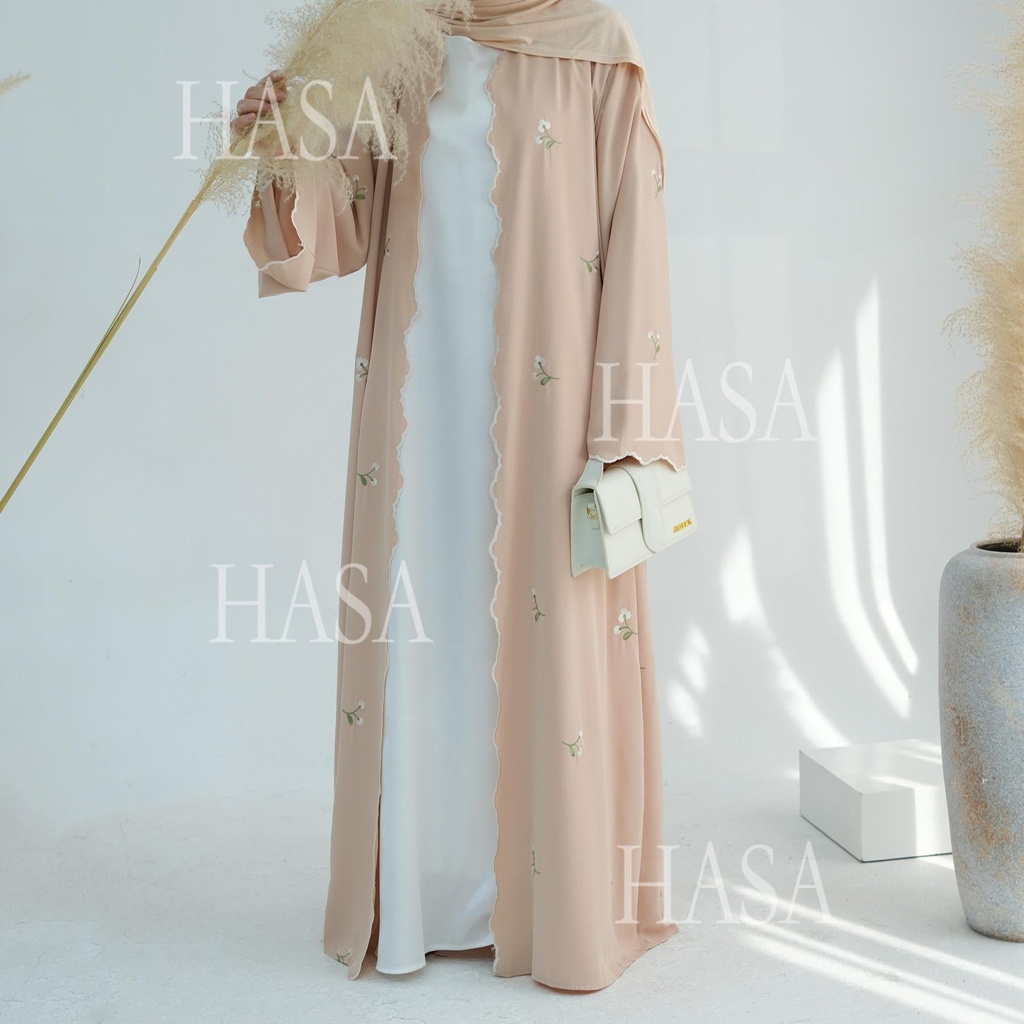 HA6472 Longline Cardigan with Delicate Floral Details and Curved Edging