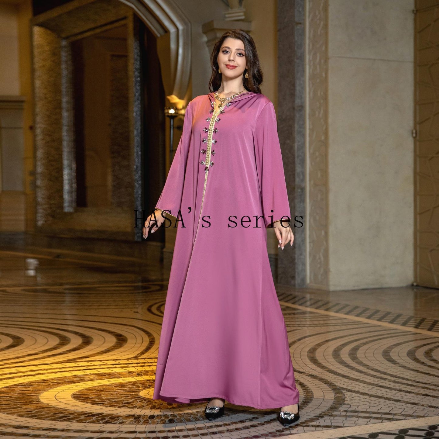 HASA's Series  HA1231 Jeweled Ribbon Satin Home Dress Abaya