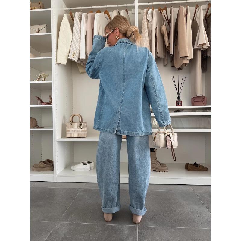 HA6181 Fashionable Casual Loose Washed Blue Denim Women's Blazer