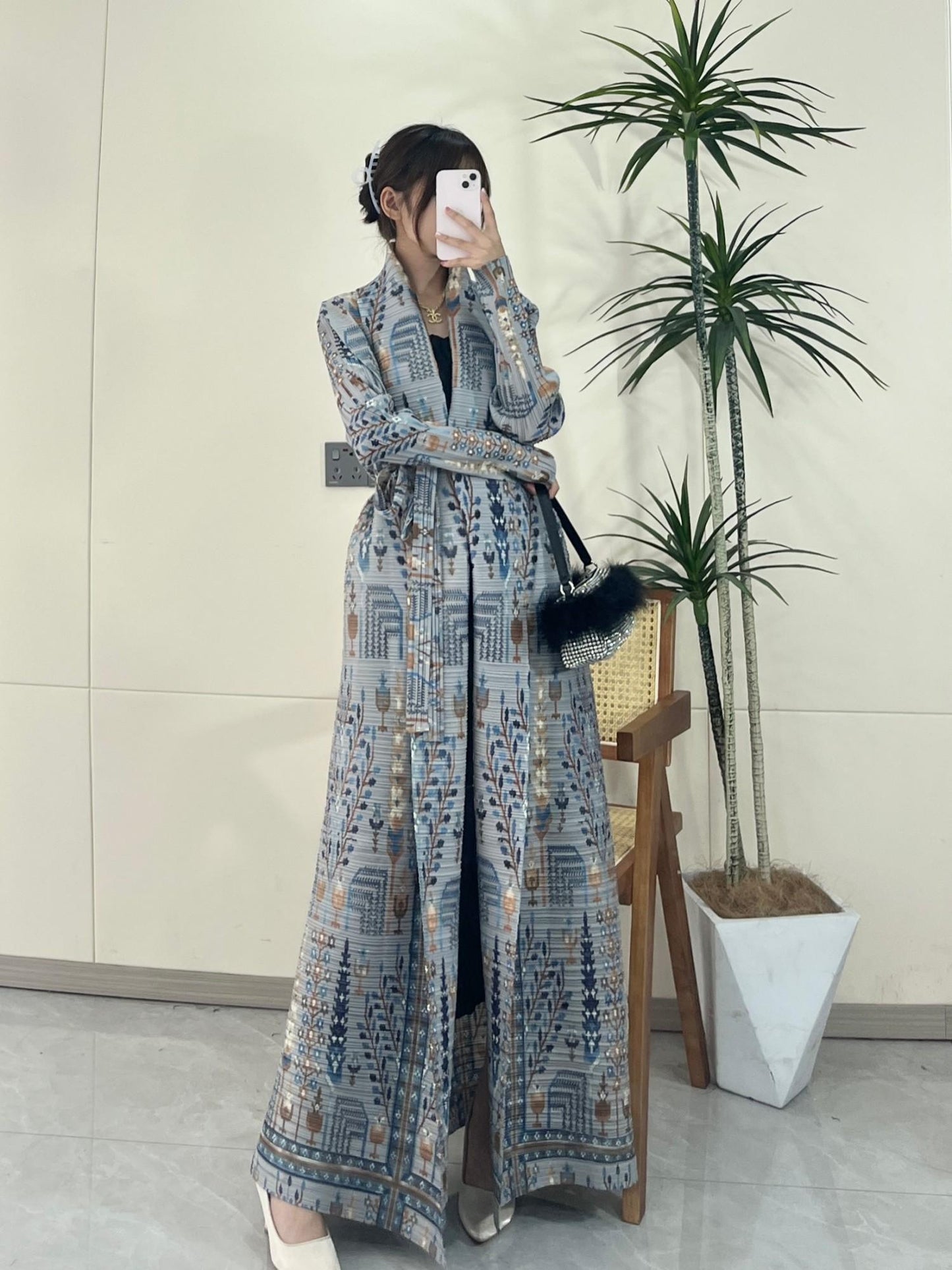 HS5842 Vintage-style Textured Open-front Long Coat