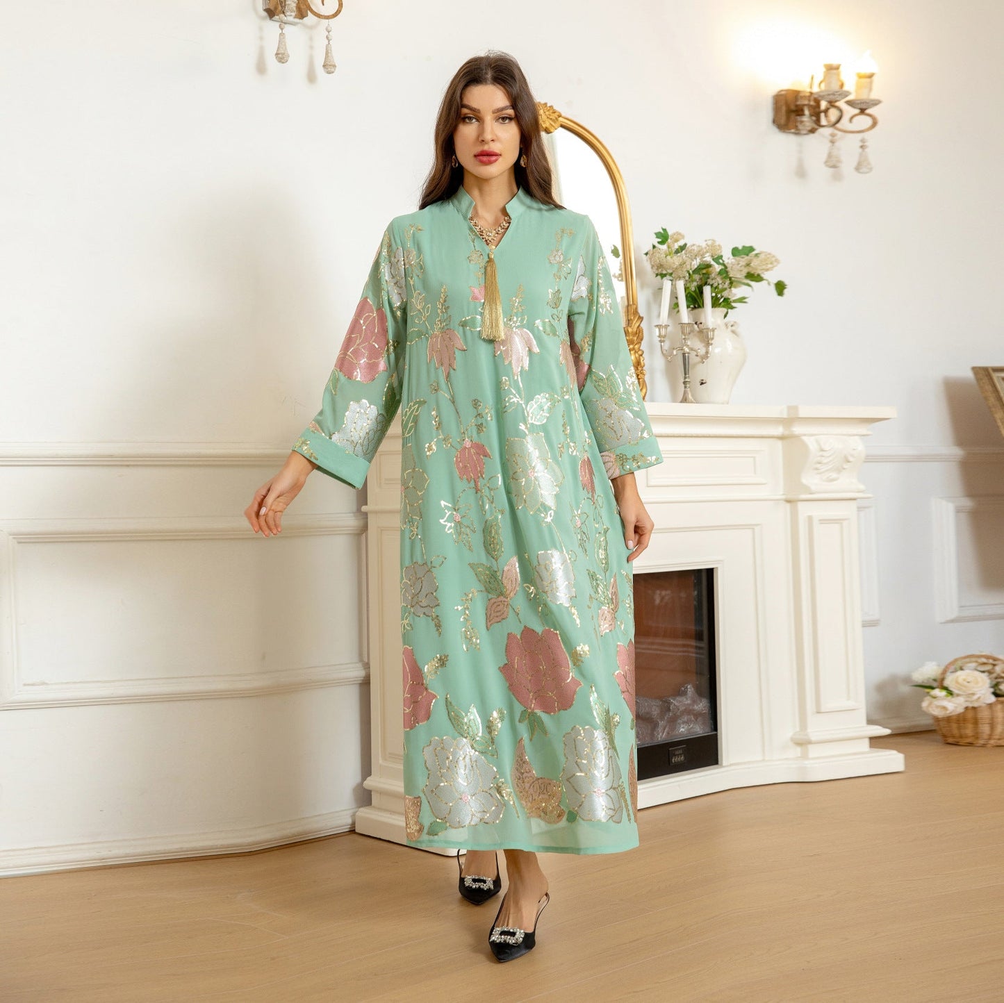 HA6649 Sequined Embroidered Tassel Long Robe, Elegant and Sophisticated Dress