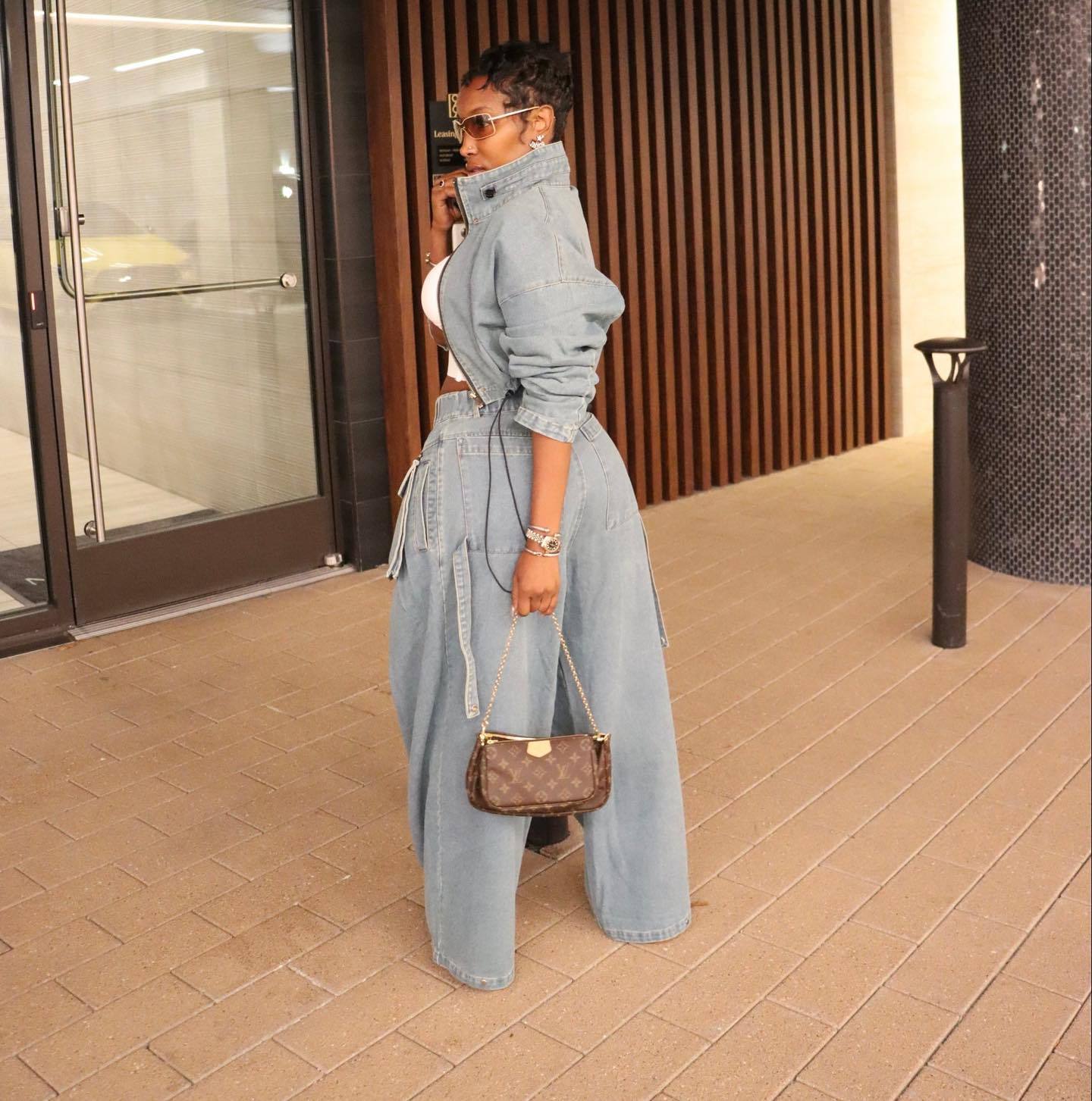 HS6306 Washed Denim Two Piece Set with Wide Leg Cargo Pants