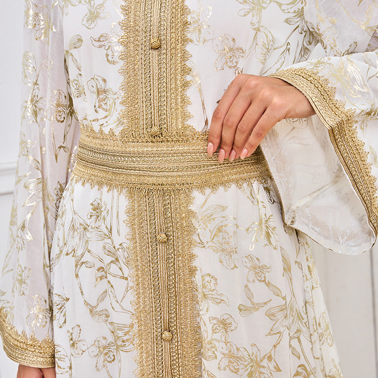 HA1249 Elegant Floral Abaya with Golden Detailing