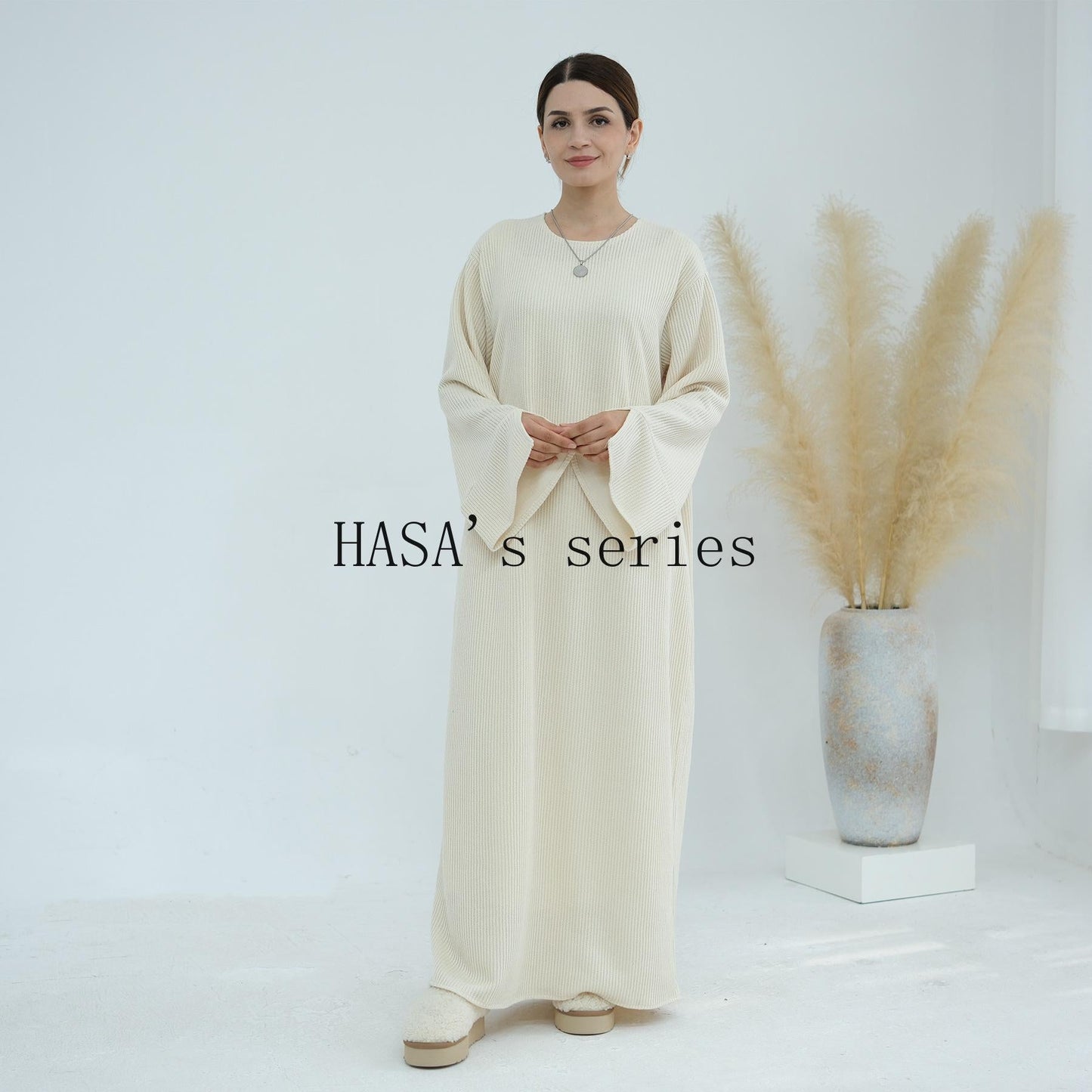 HA5440 Large Sleeve Thick Knitted Sweater Dress - Loose and Elegant Long Dress party  wear red dress thick  thigh 2  part bow  outfits