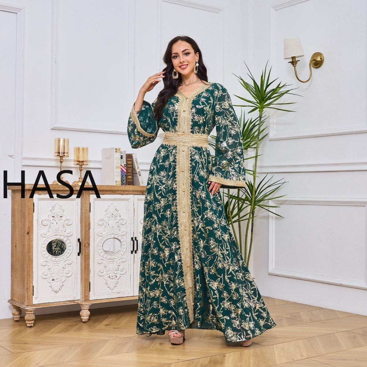 HA1249 Elegant Floral Abaya with Golden Detailing
