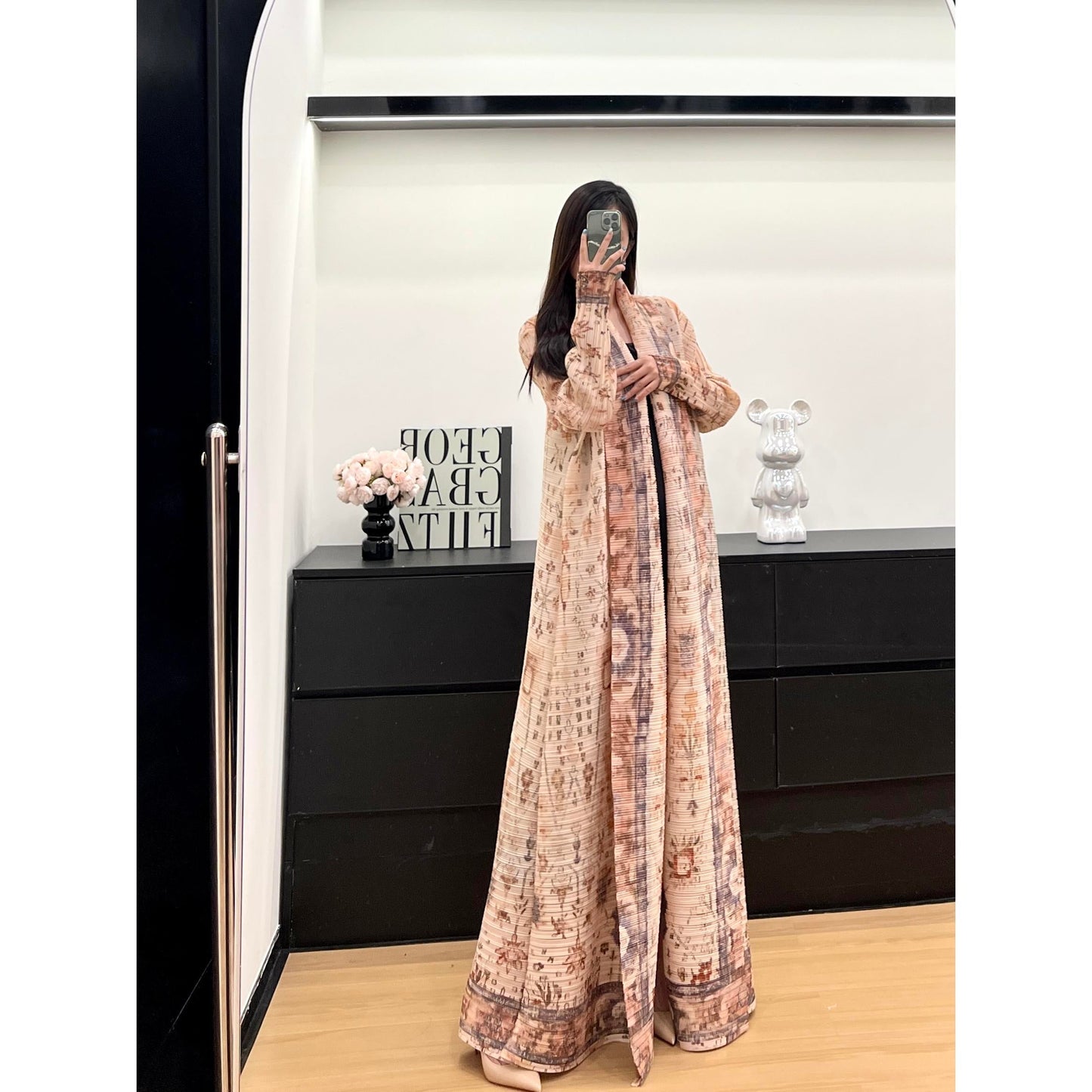 HS6728 Vintage Blush  Pink & Beige Printed Abaya with Artistic Motifs
