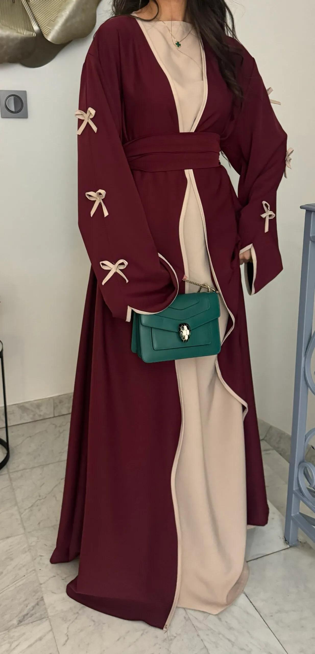HA5883  A Two-piece Robe and Skirt Set with A Soft Bow and A Belt Design open abaya outfit