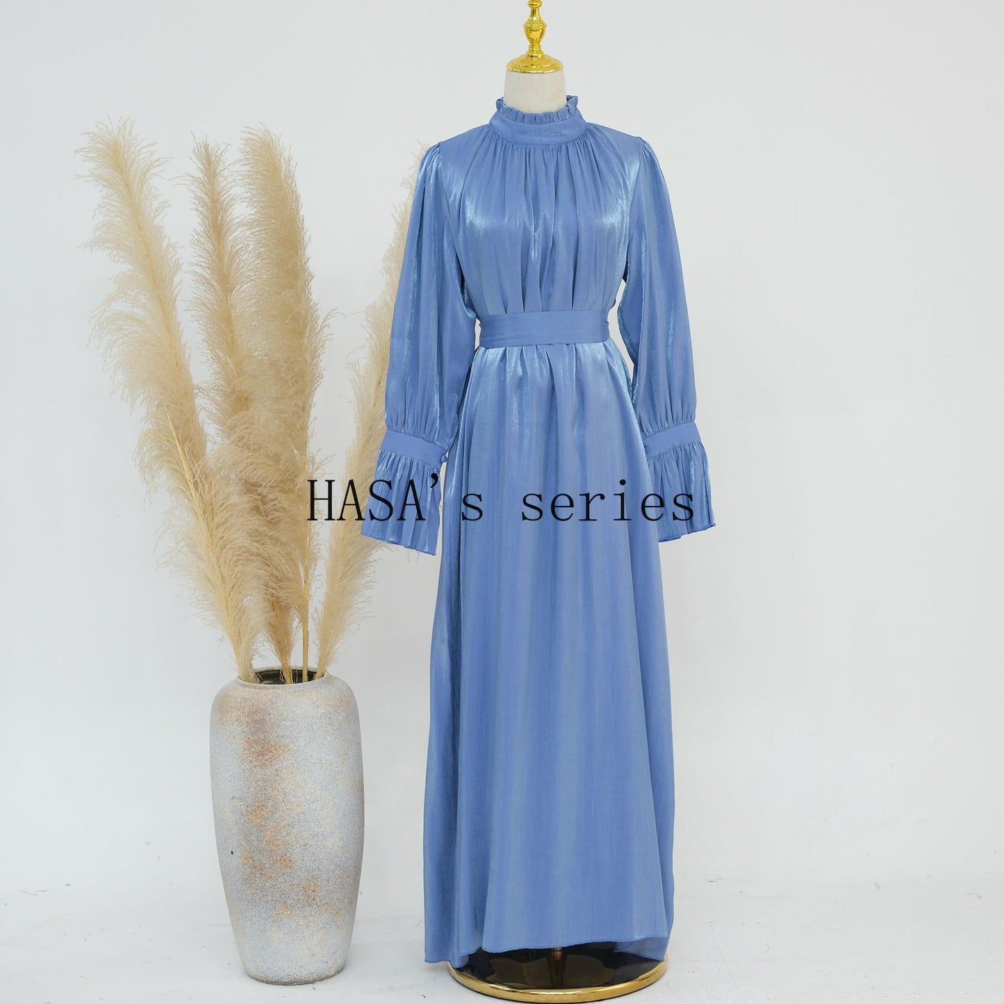 HS4857 A High-necked, Belted Dress, A Classic Style That Exudes Elegant Charm.