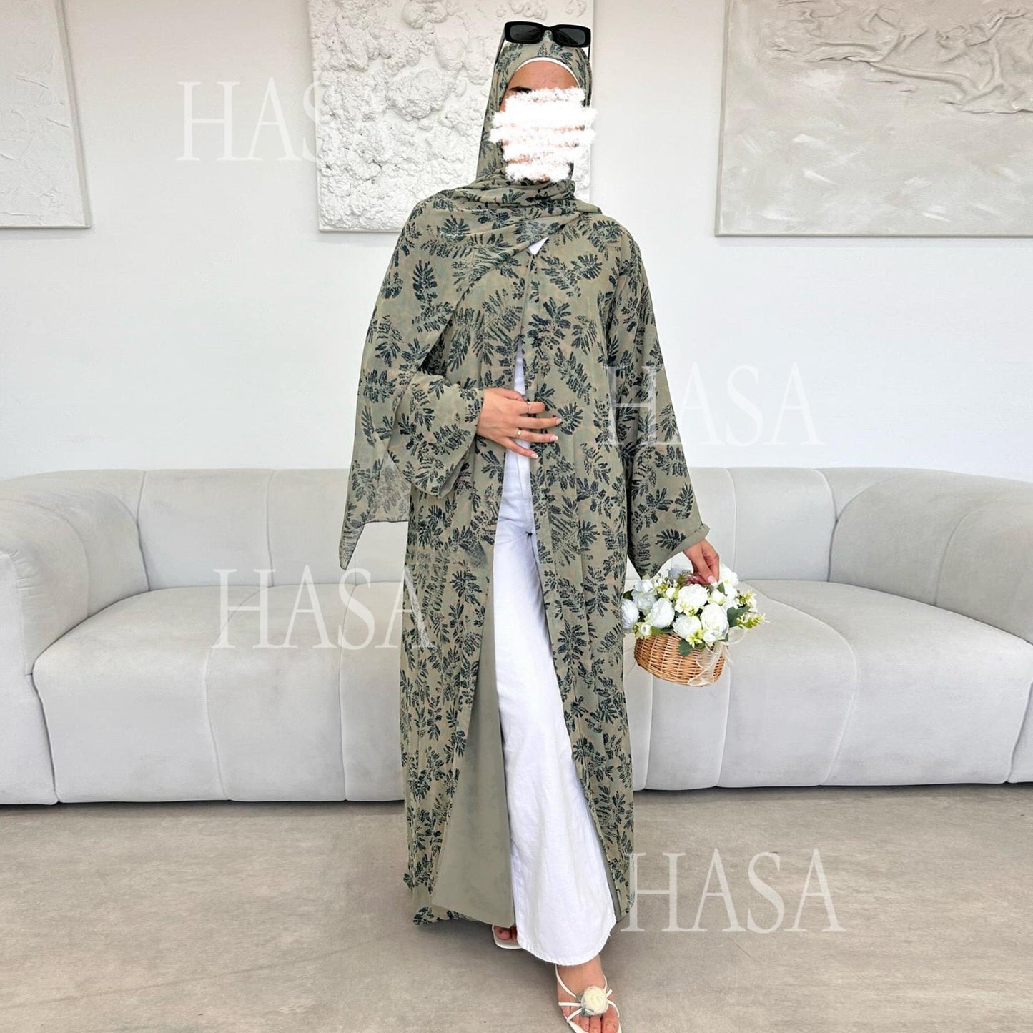 HA6515 Summer Printed Chiffon Jacket and Headscarf Two-Piece Set