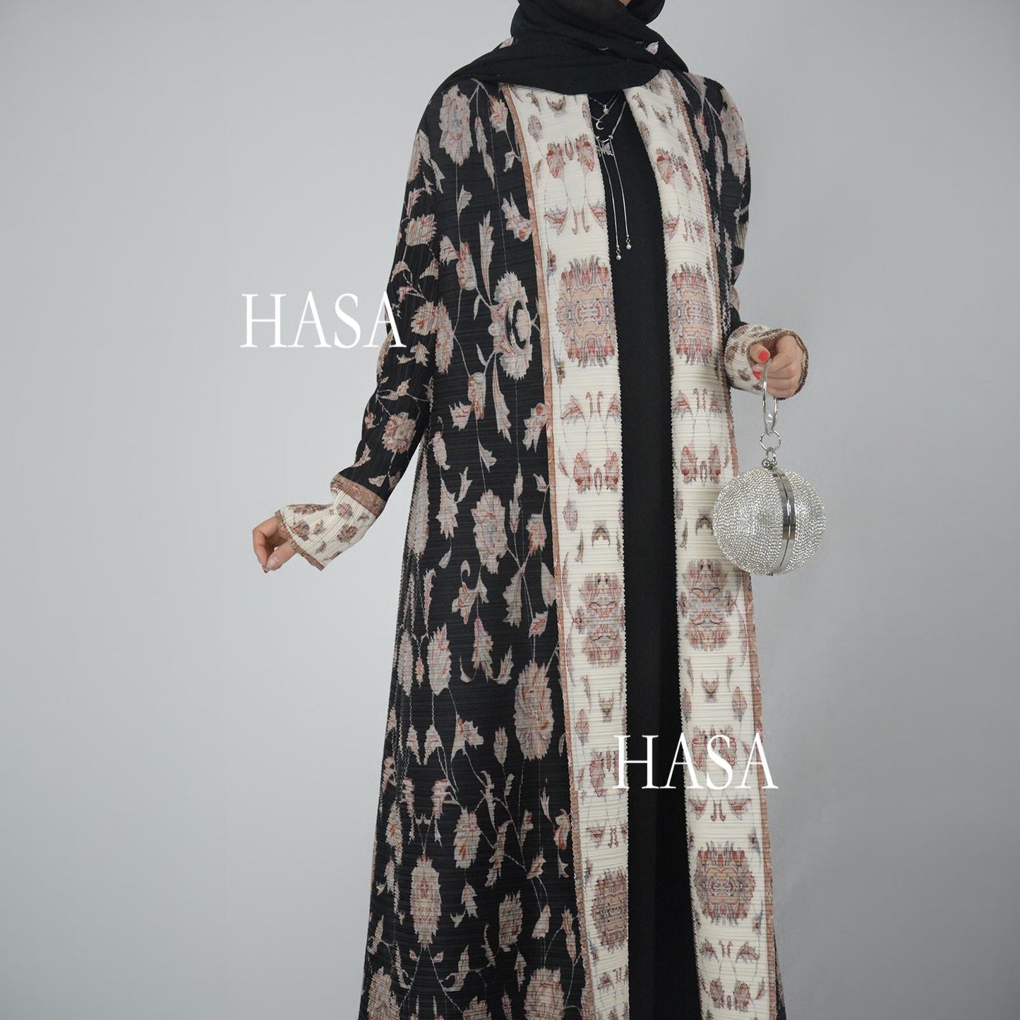 HS5846 Color-blocked Placket Printed Open-front Long Coat