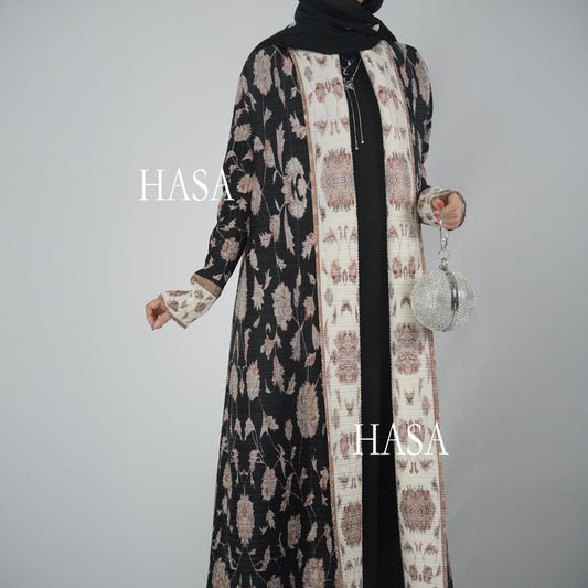 HS5846 Color-blocked Placket Printed Open-front Long Coat