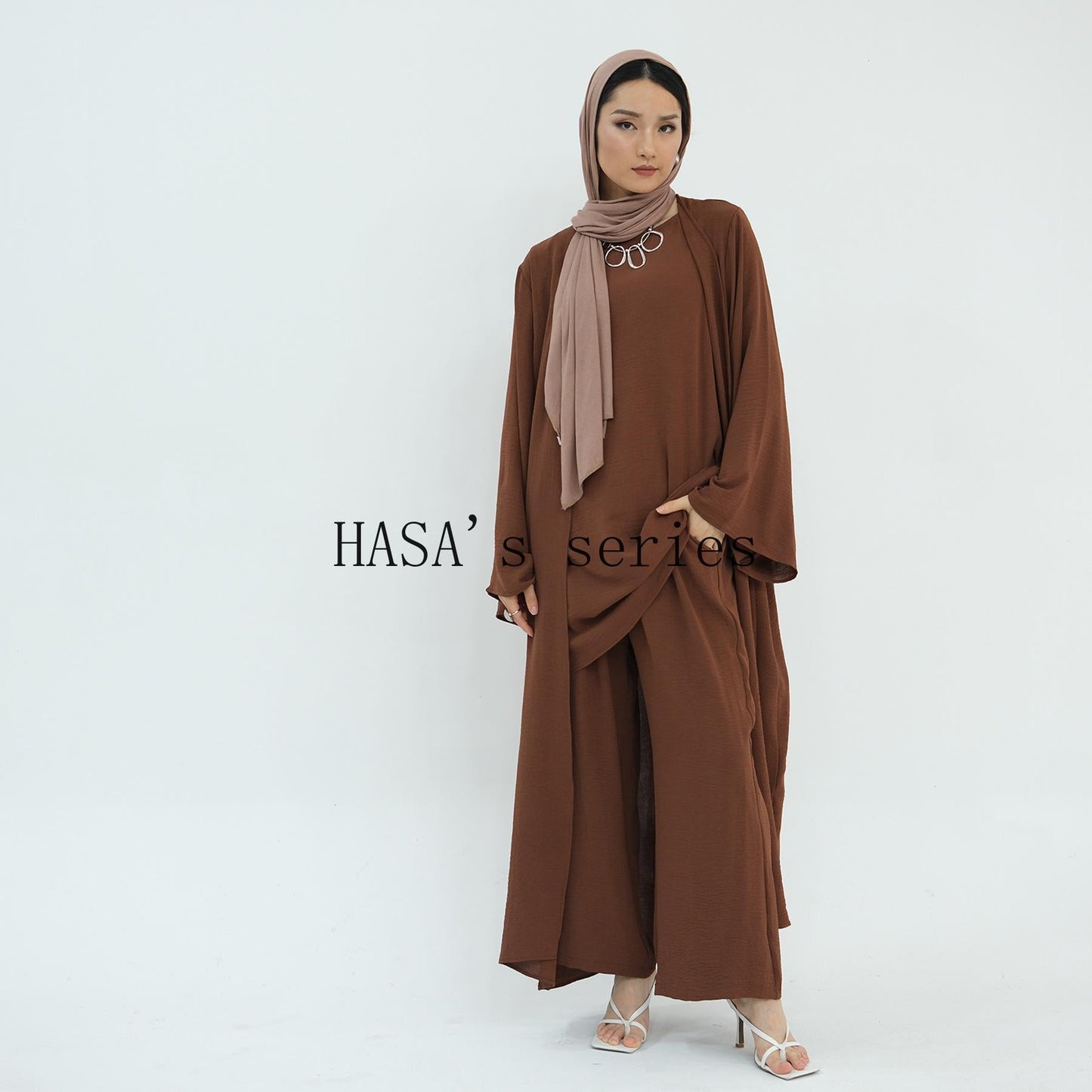 HS5107 Minimalist Style Three-piece Set | Solid Color Long Coat Paired with A Loose Two-piece Suit.