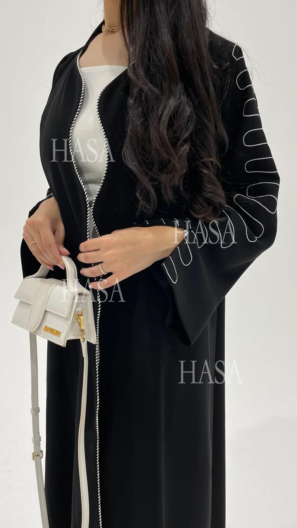 HASA's Series HA6582 Abaya Women's Long Embroidered Cardigan Jacket with Wavy Edges
