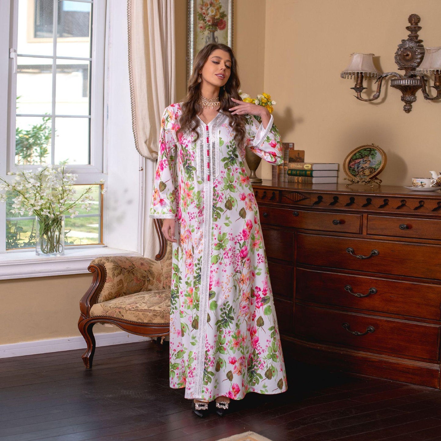 HAYA HAYA1075 Abaya Robe New Printed Rhinestone Dress