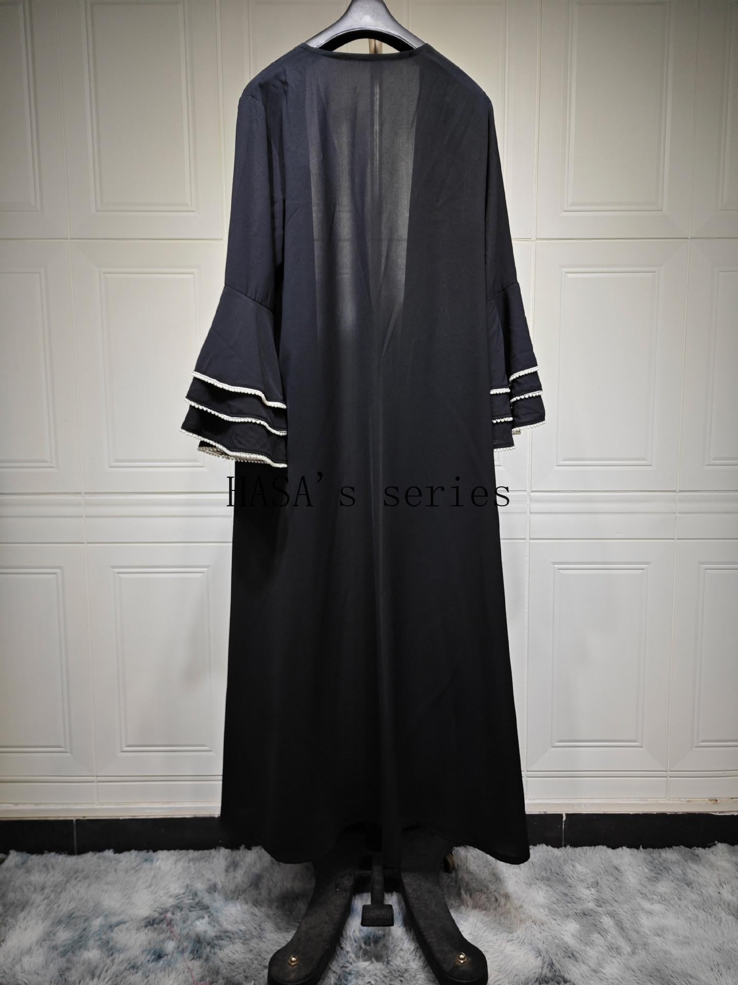 HS5093 Elegant black cardigan-style long robe with wide sleeves and a round-neck dress design featuring beaded embellishments.