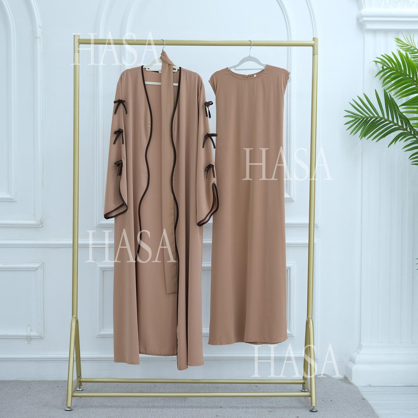 HA5883  A Two-piece Robe and Skirt Set with A Soft Bow and A Belt Design open abaya outfit