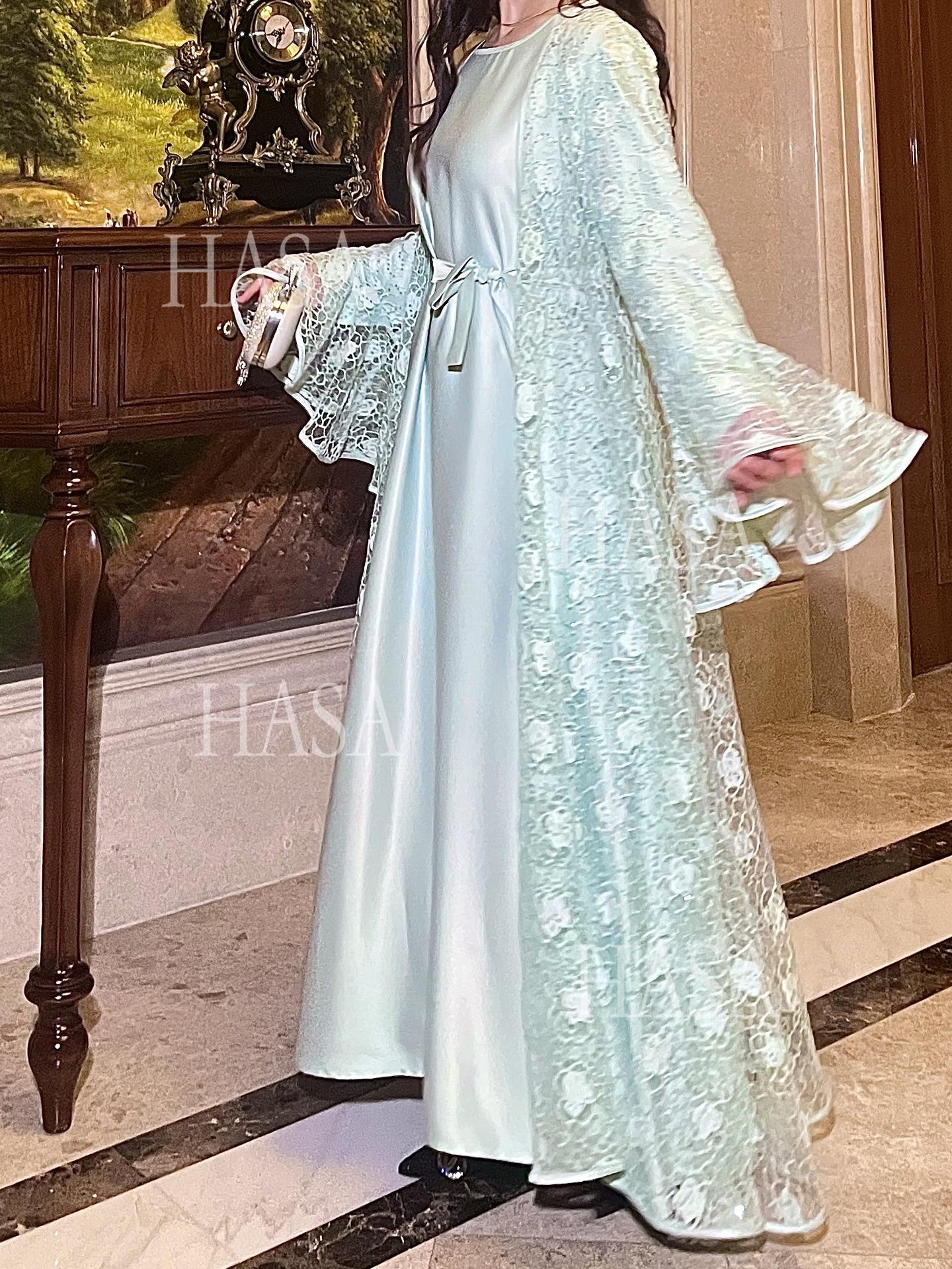 HA6488 Two-piece long dress with flared sleeves and lace sequined cape
