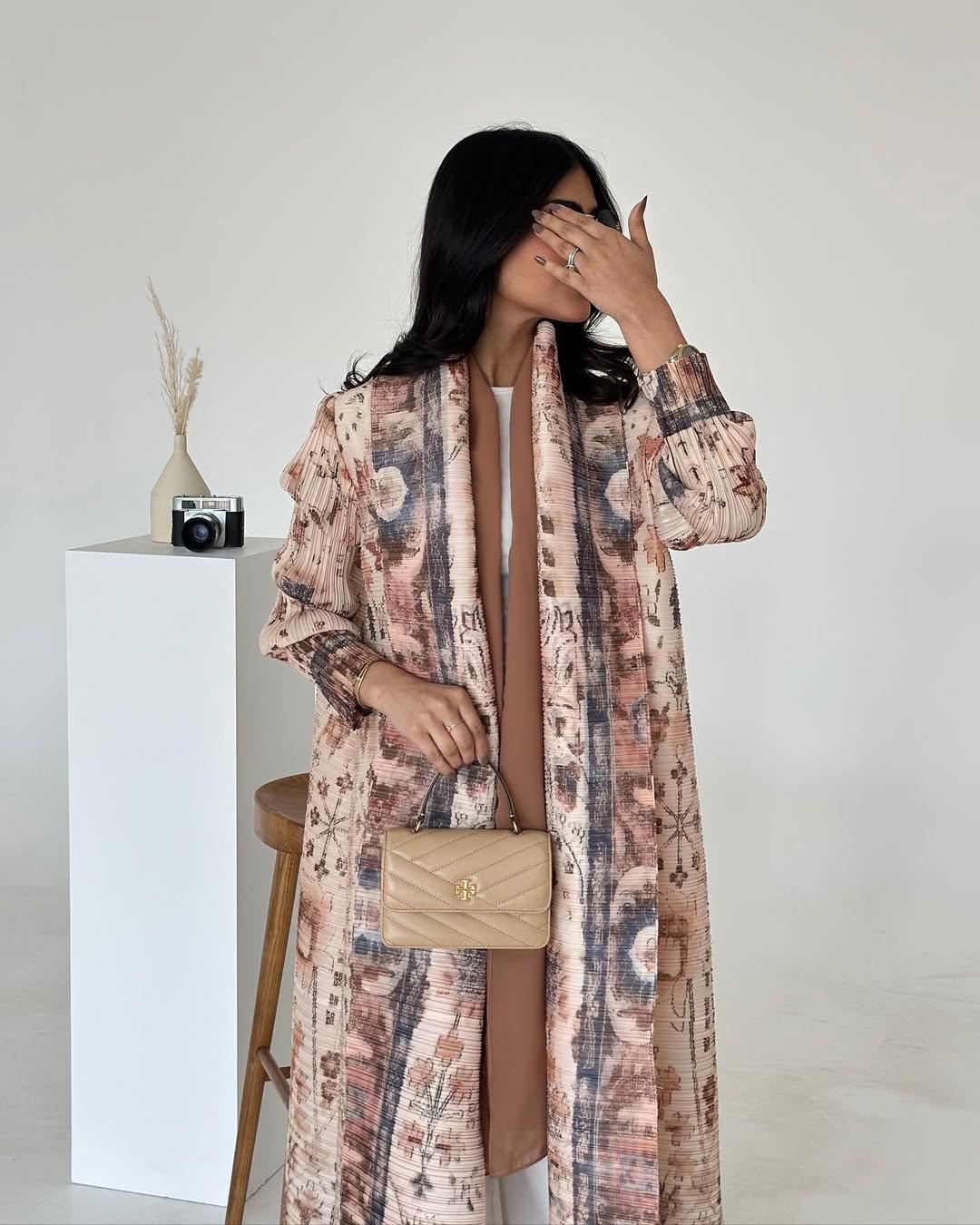 HS6728 Vintage Blush  Pink & Beige Printed Abaya with Artistic Motifs