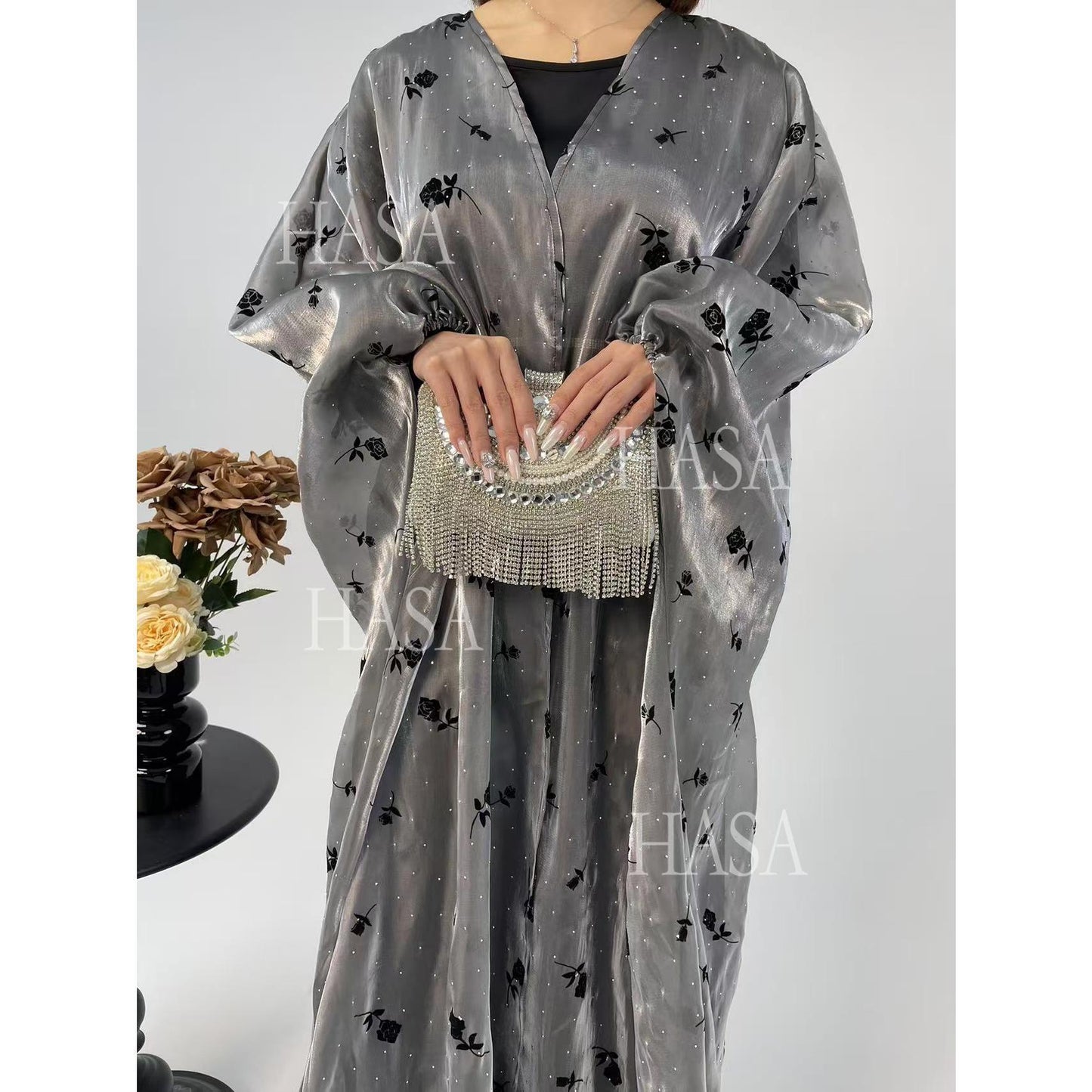 HA6536 Elegant Rose Pattern Abaya Outer Dress Set