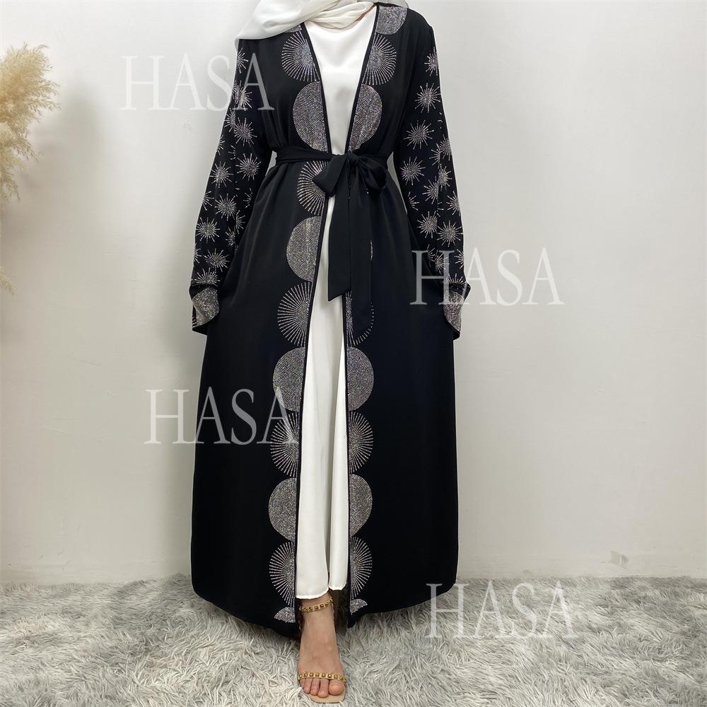 HA6588 Black Cardigan Dress with Rhinestone Embellishment and Pockets