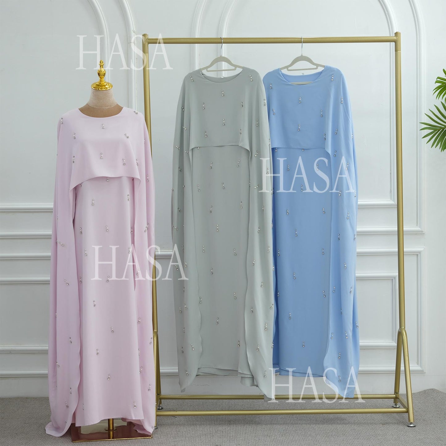 HA6505 Solid color beaded long dress with fake two-piece design