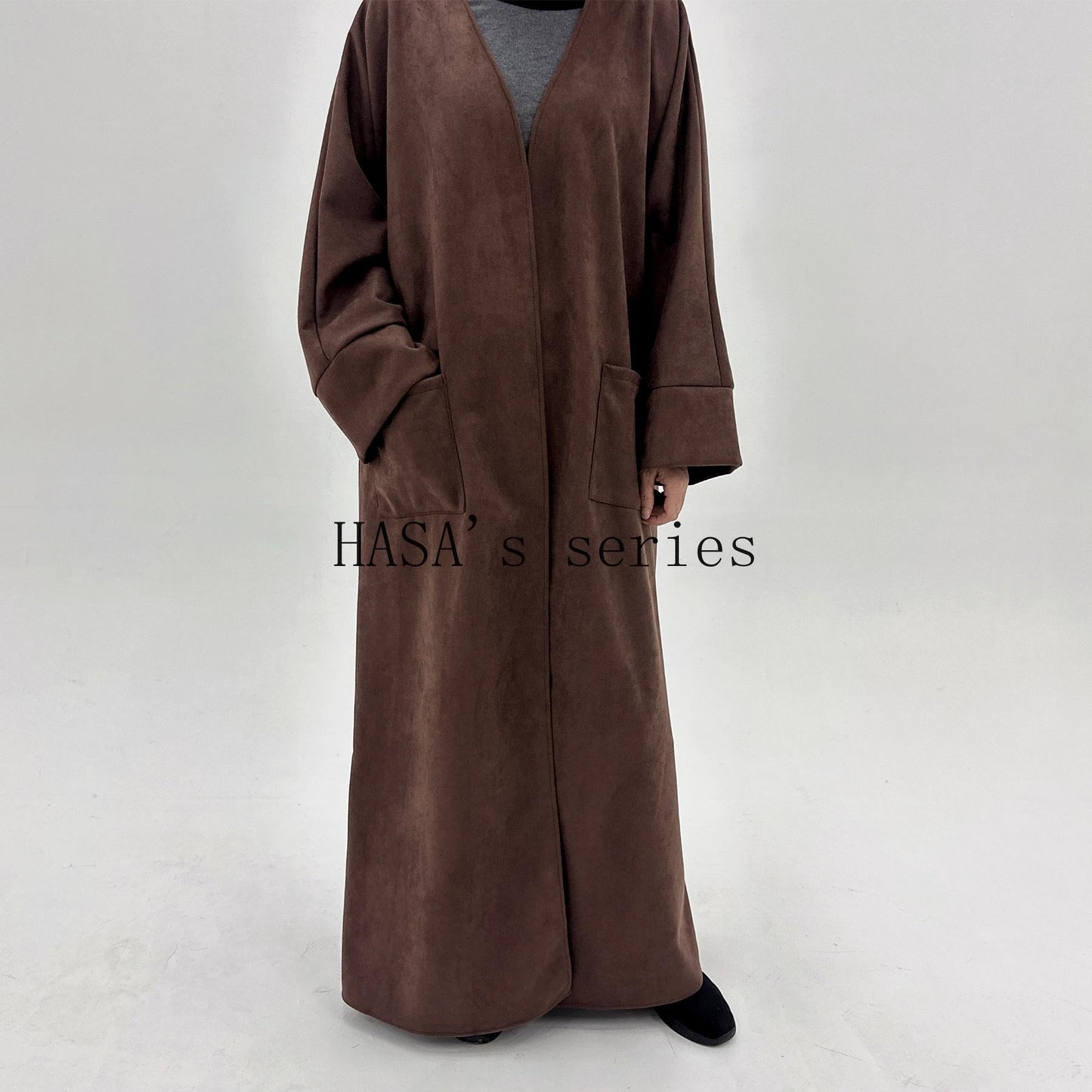 HS5148 Suede-textured, Simple Cardigan-style Long Robe, A Loose and Comfortable Dress for Autumn and Winter.