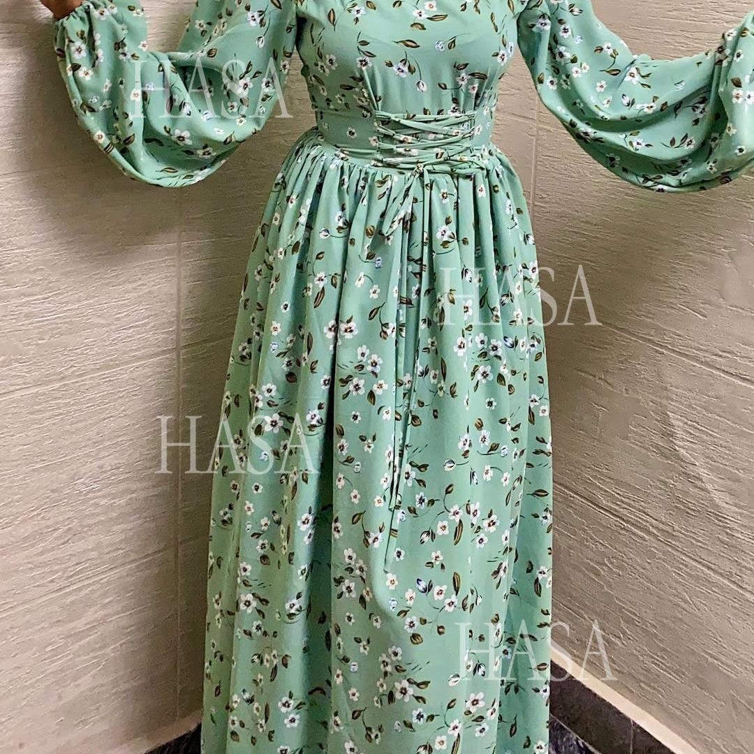 HA6489 Long-sleeved Floral Maxi Dress with Natural Waist
