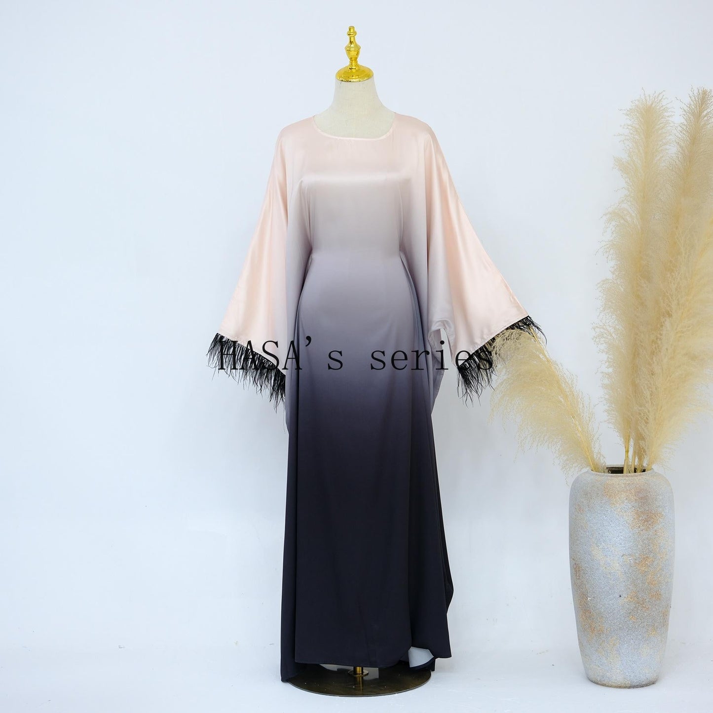 HS5111 Gradient-colored Fringed Long Dress, Romantic Dress with Batwing Sleeves.