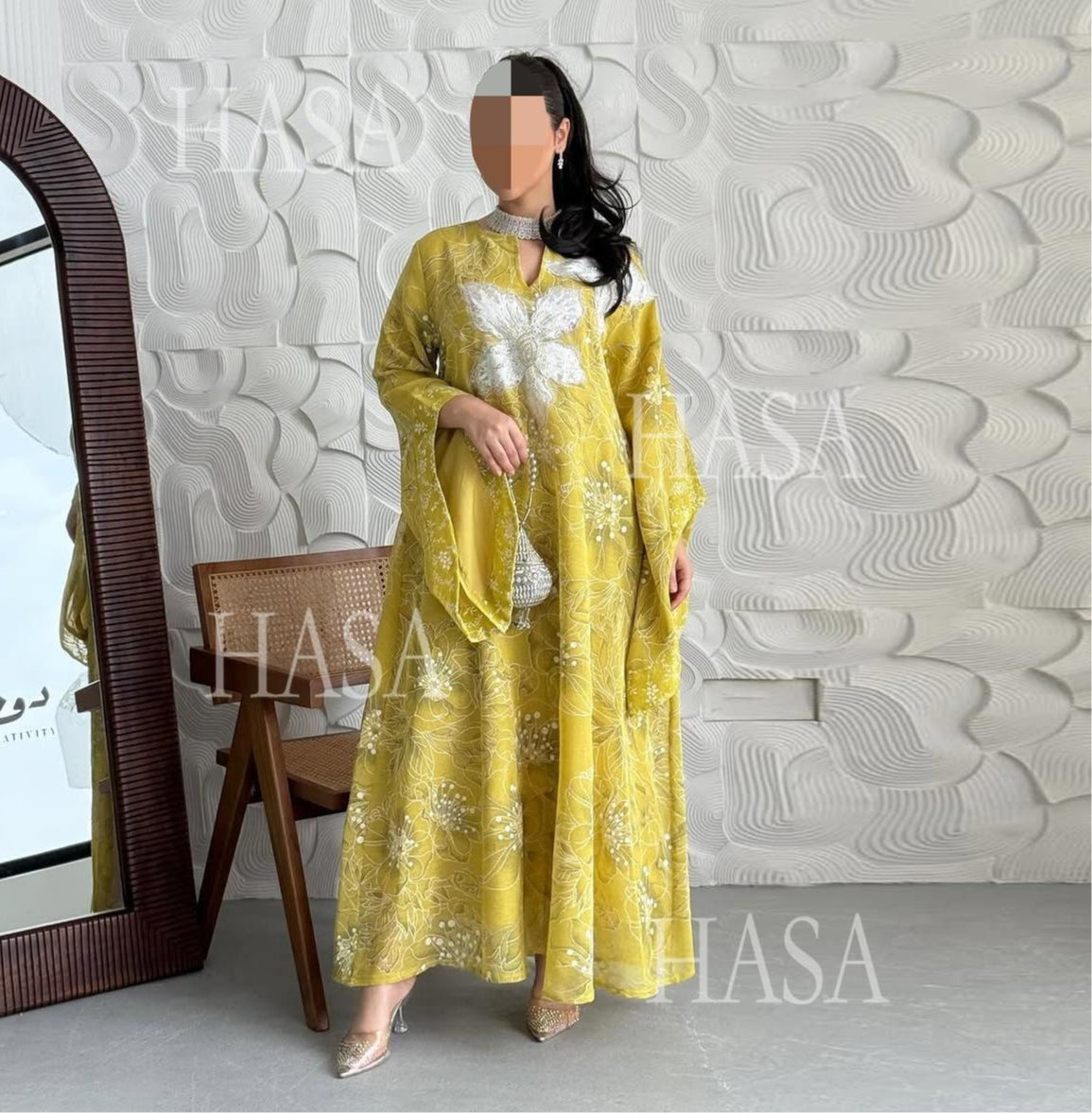 HA6639 Floral Appliqué Embroidered Long Dress