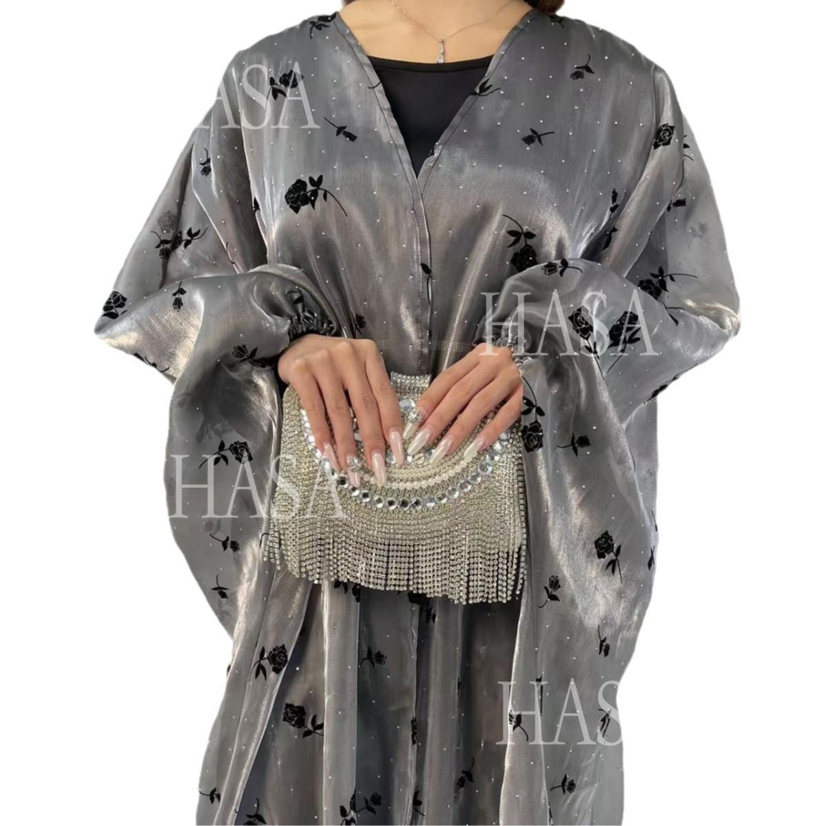 HA6536 Elegant Rose Pattern Abaya Outer Dress Set