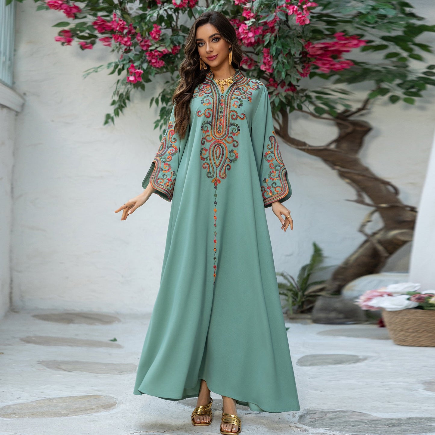 HA6652 Rope embroidery midi dress with elegant stand-up collar design