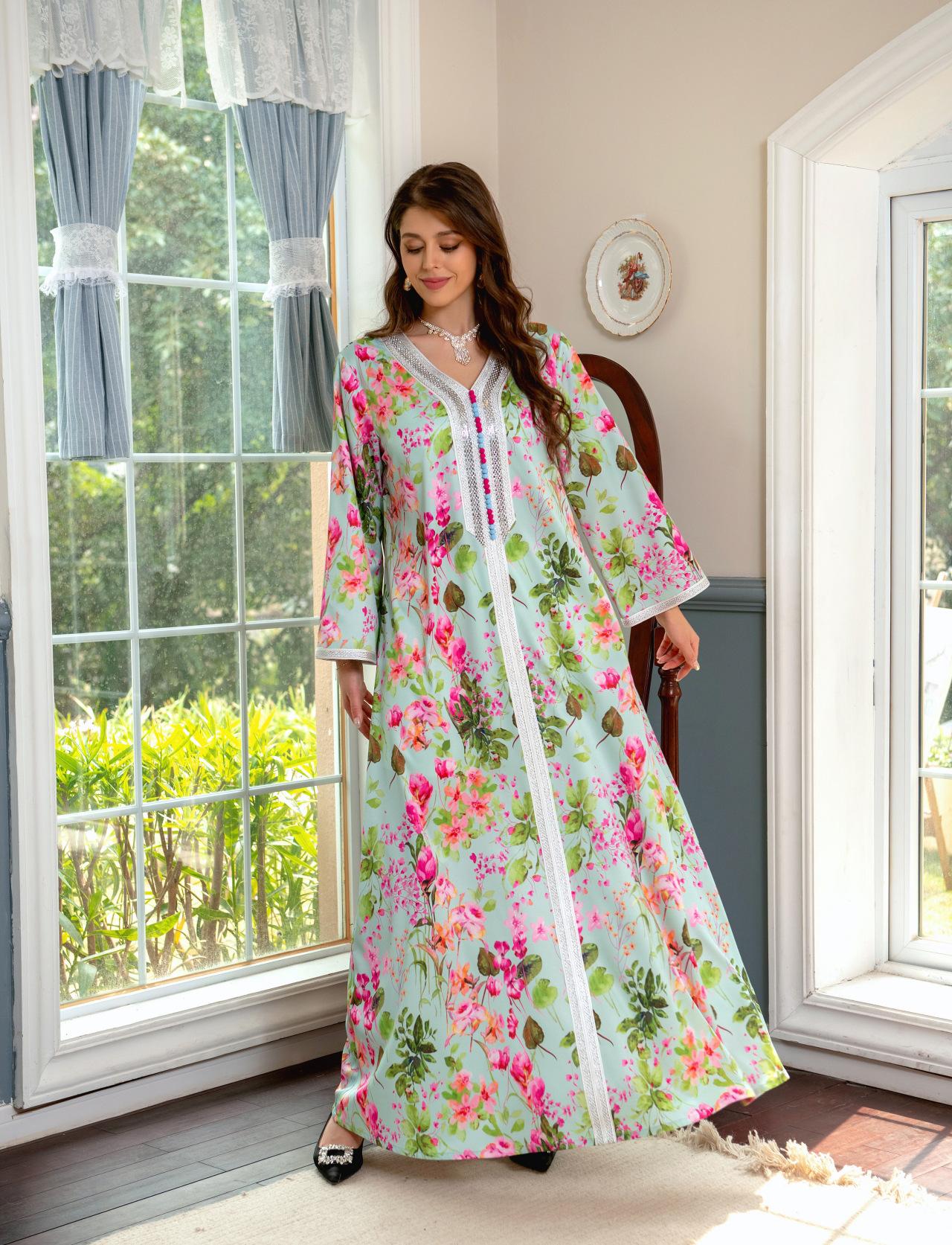 HAYA HAYA1075 Abaya Robe New Printed Rhinestone Dress