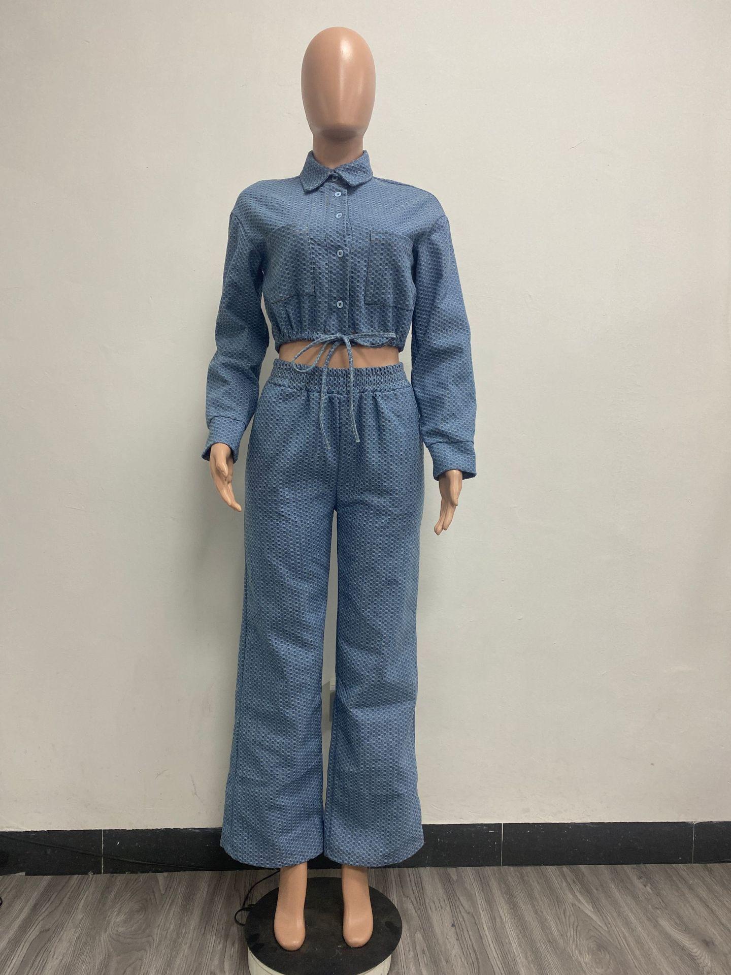 HA6303 Fashion, Long Sleeve Pants, Denim Women's Two-piece Set