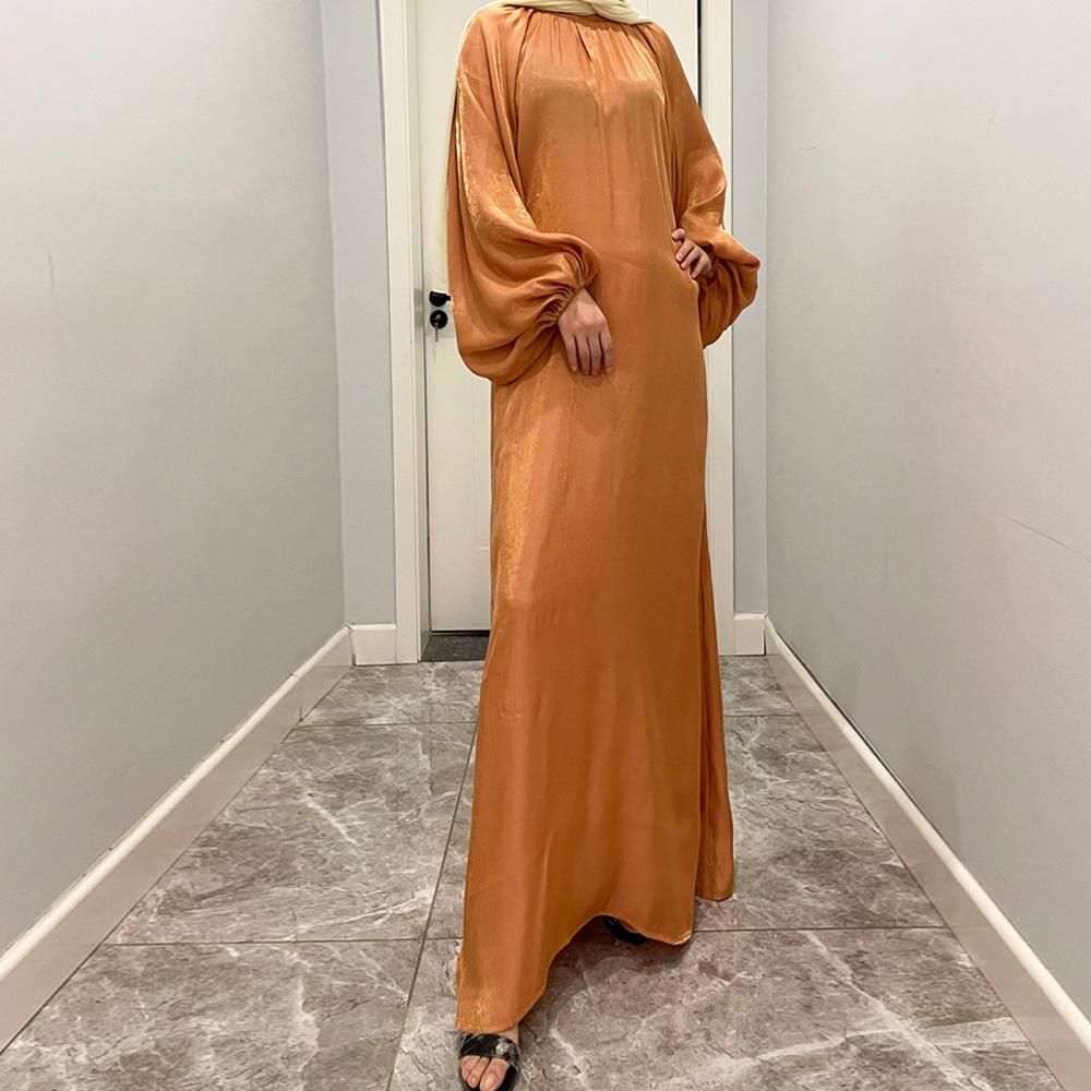 HAYA10043 HAYA  Large Lantern Sleeves Long Bright Silk Dress Stand Up Collar Back Tie Women's Dress Abaya