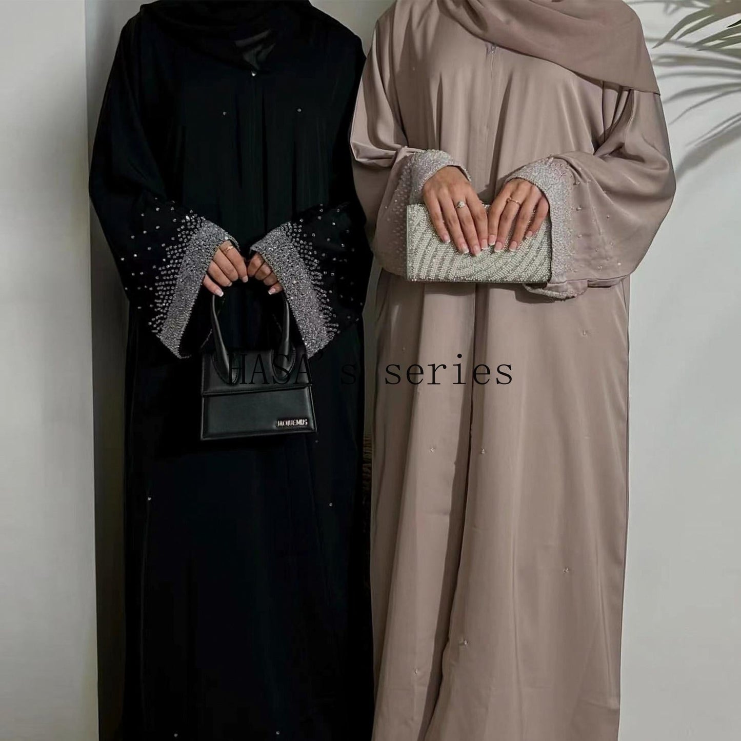 HS4837 Simple and Elegant Two-piece Set: A Cardigan and A Long Dress with Rhinestone Details on The Cuffs.