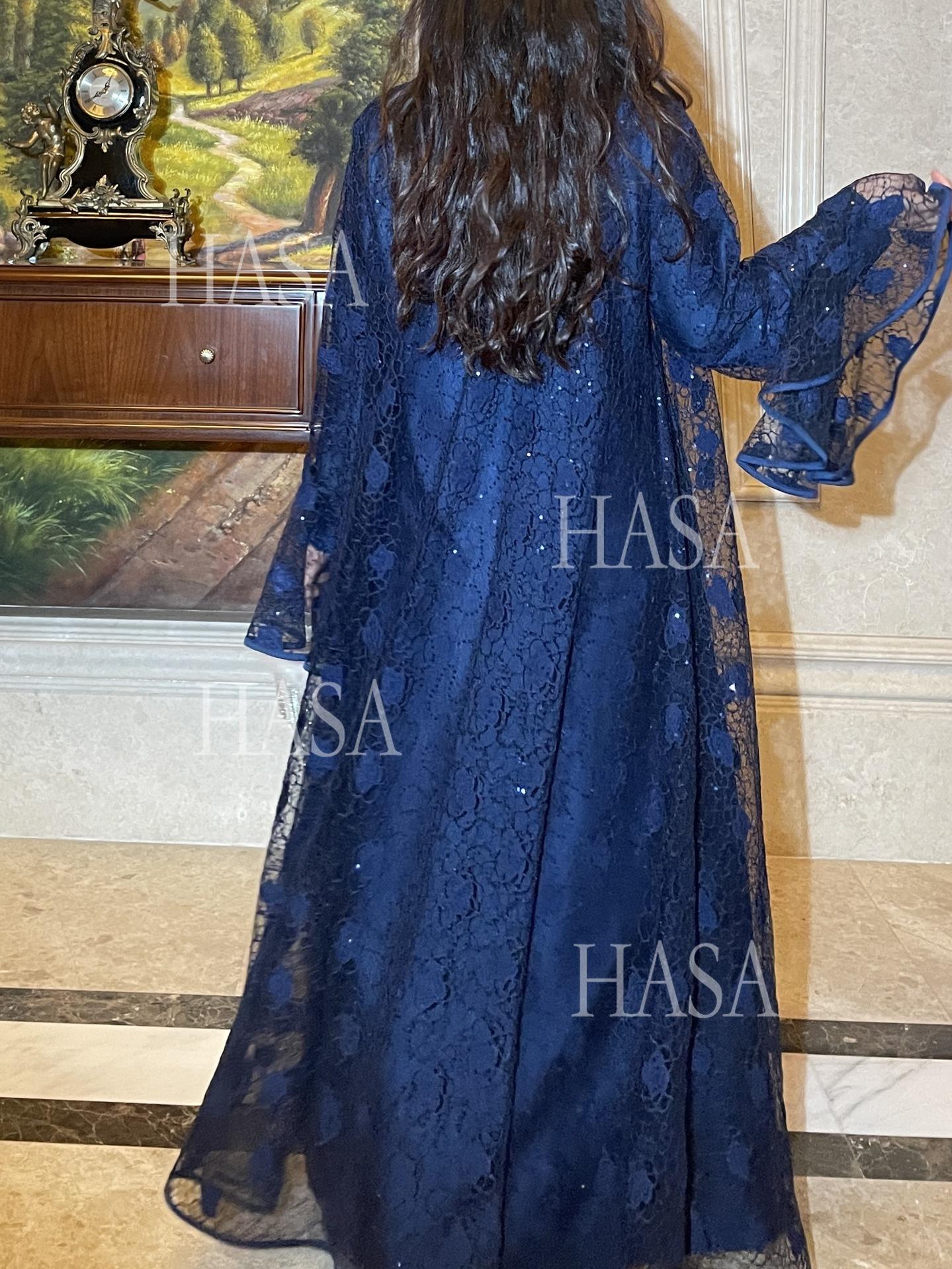 HA6488 Two-piece long dress with flared sleeves and lace sequined cape