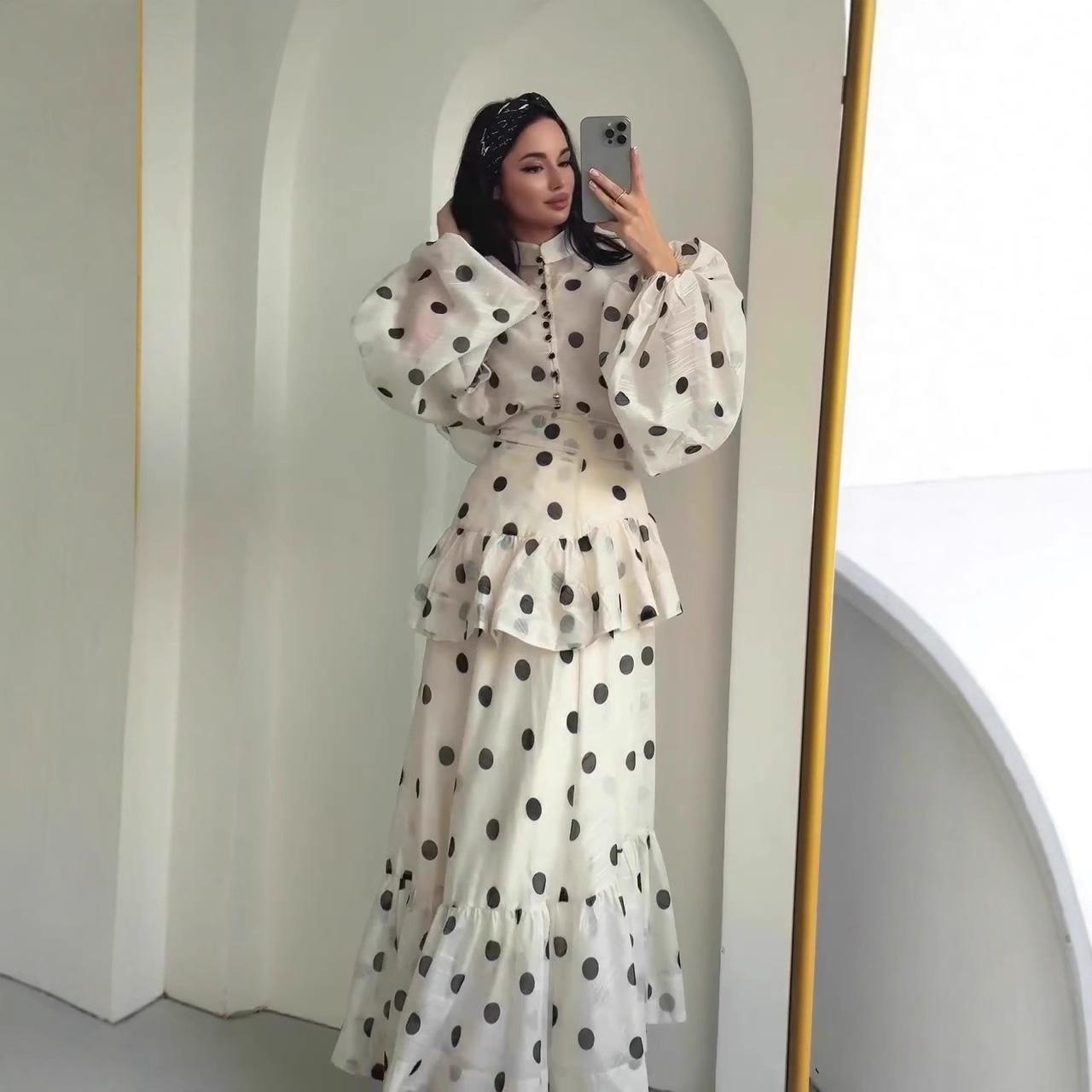 HS6732 Vintage Polka Dot Co-ord Set Puff Sleeve Blouse & Long Ruffle Skirt Outfit