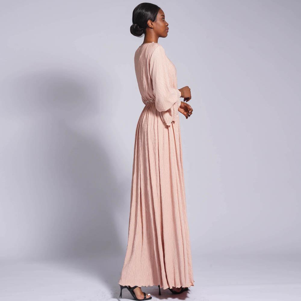 HAYA0434 Muslim Ladies Stretch Crumpled Sprinkle Gold Dress Solid Color Bell Sleeve Long Dress