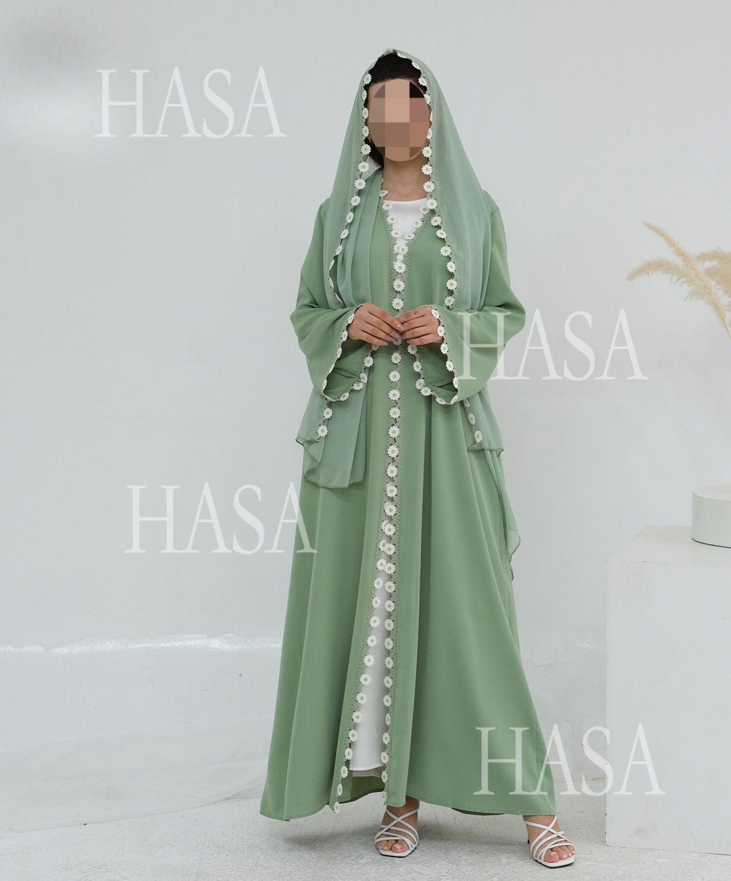 HA6616 Green Flower Stitching Cardigan Two-Piece Set (Including Headscarf)