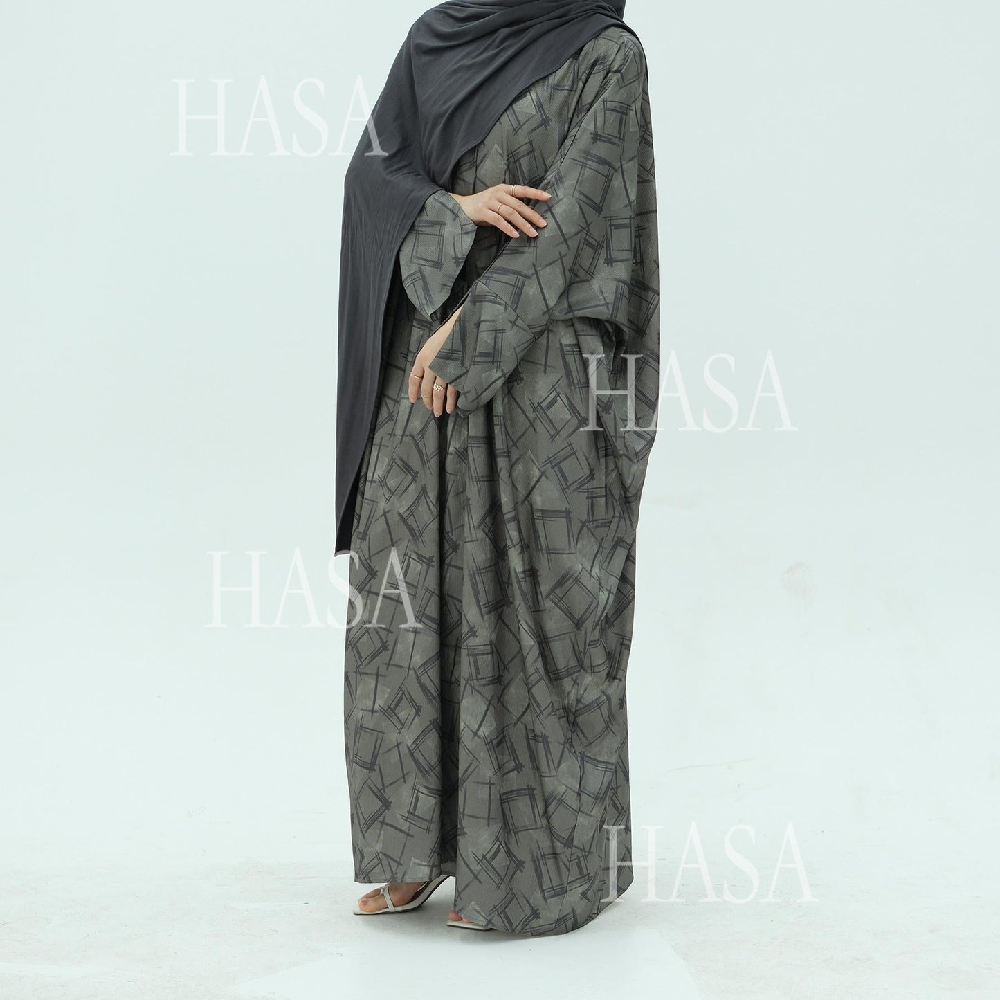 HA6504 Grey geometric print long cardigan Abaya (headscarf not included)