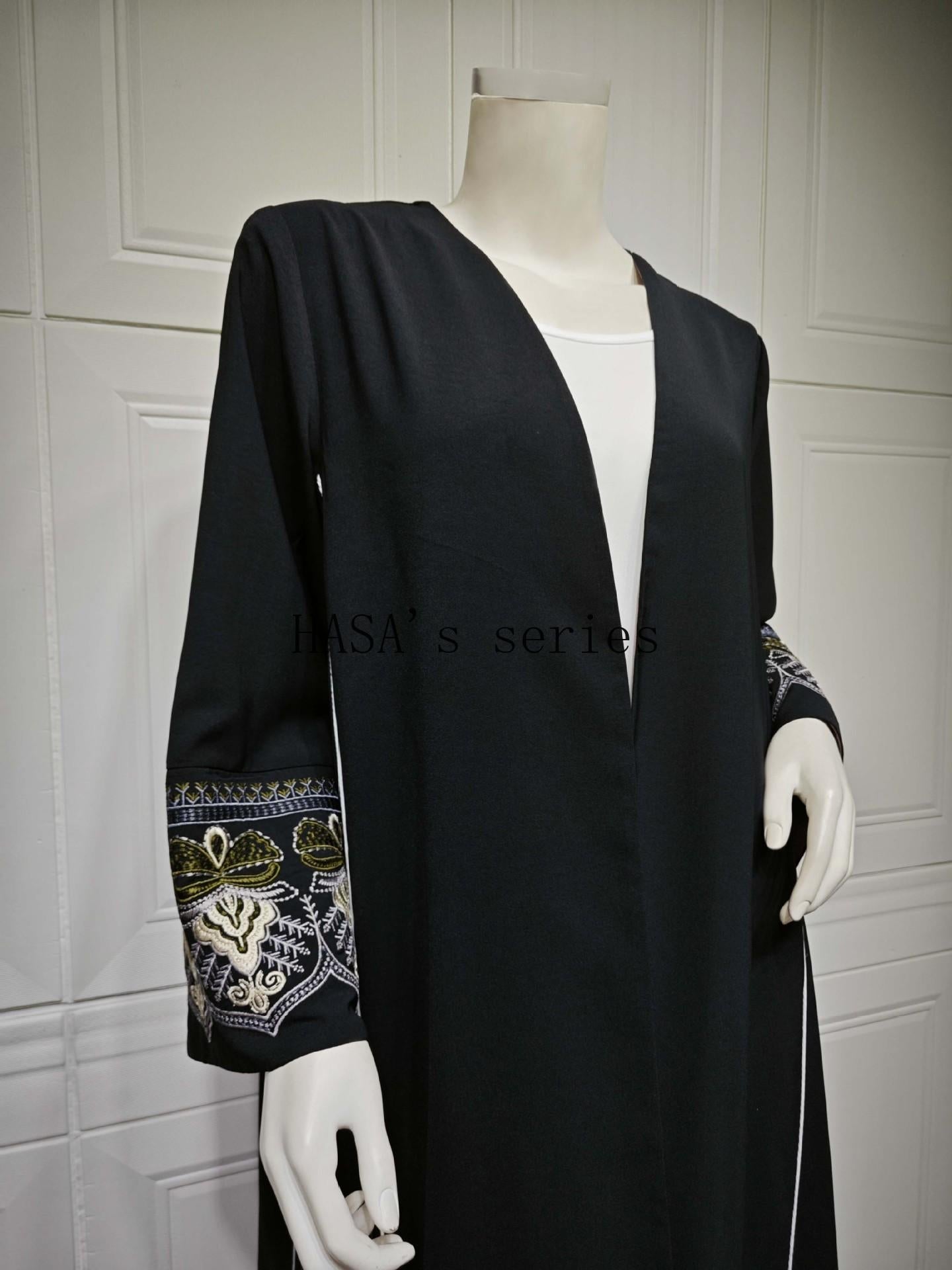 HS5090 Classic black embroidered patchwork robe, designed as a loose, open-front dress.