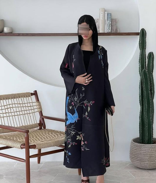 HS6707 Midnight Serenade ,Black Abaya with Striking Bird Embroidery