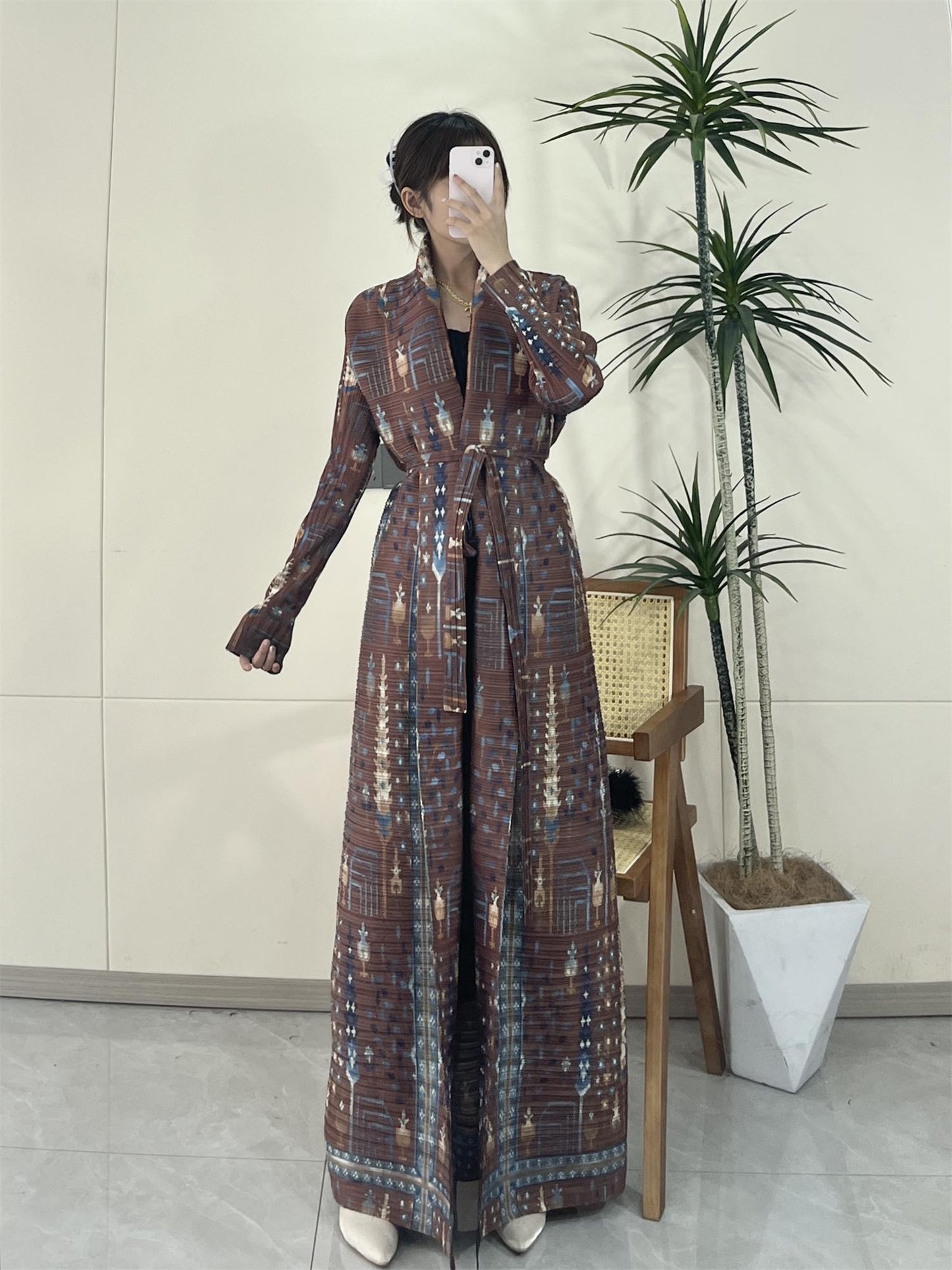 HS5848 Retro Brown Textured Open-front Long Coat