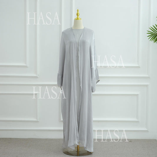 HA6553  Two-Piece Solid Abaya with Beaded Details and Matching Scarf Option