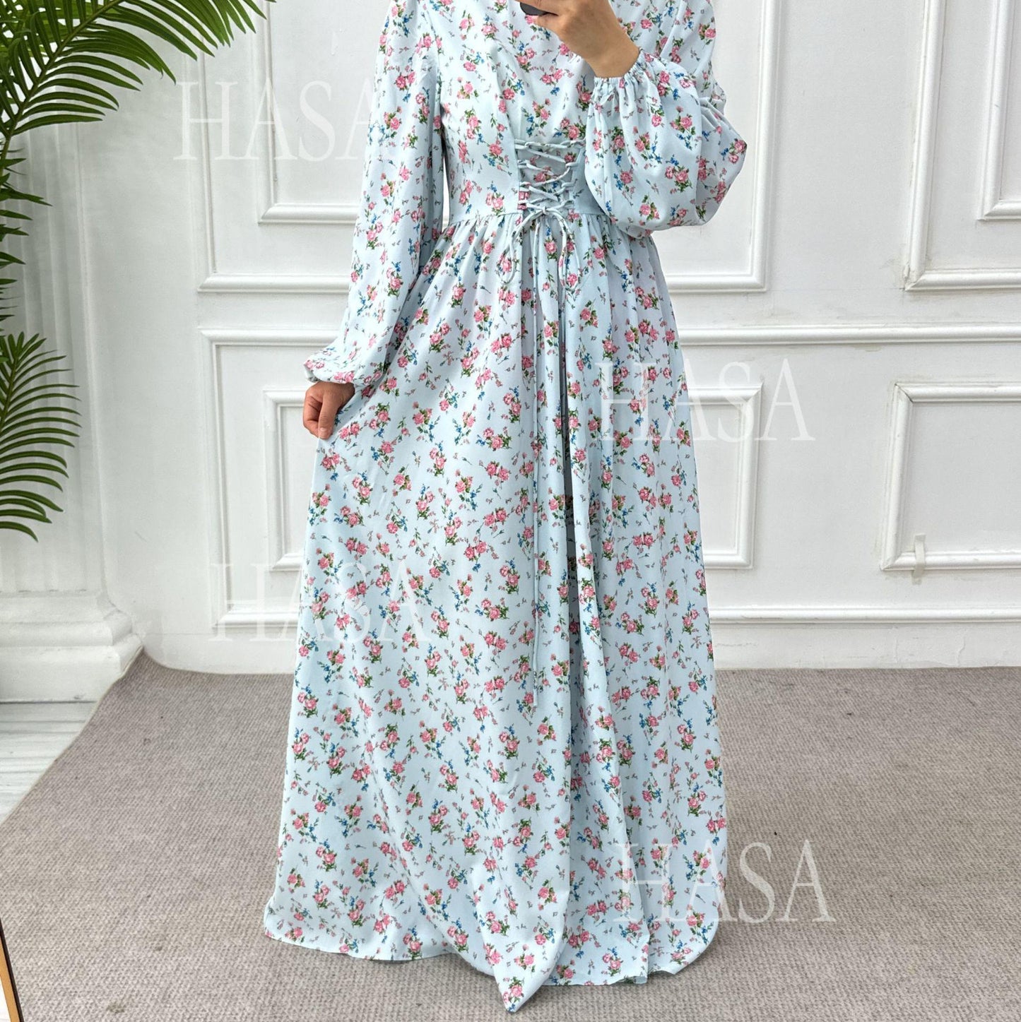 HA6489 Long-sleeved Floral Maxi Dress with Natural Waist