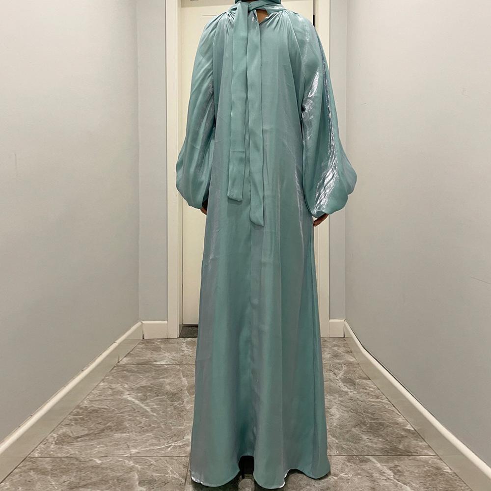 HAYA10043 HAYA  Large Lantern Sleeves Long Bright Silk Dress Stand Up Collar Back Tie Women's Dress Abaya